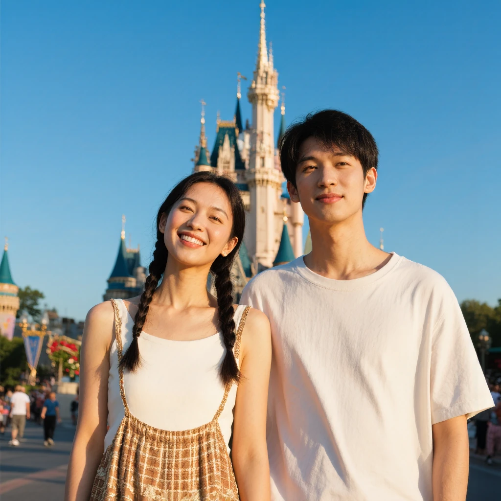 The couple stood in front of the Disney castle.