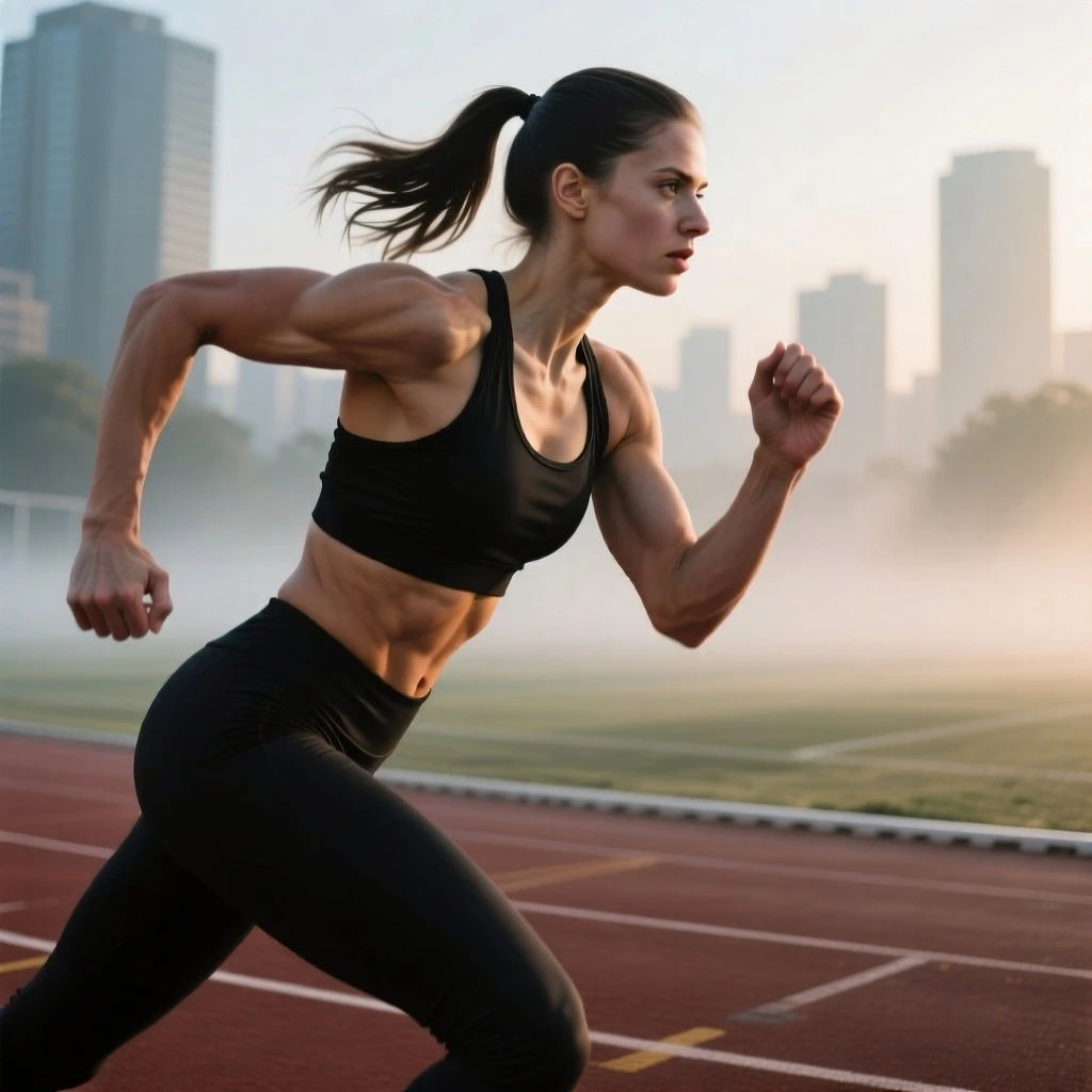 A female athlete with defined muscles and a tight ponytail, preparing for a run. She is… — Image generated by Qwen Image Text-To-Image API