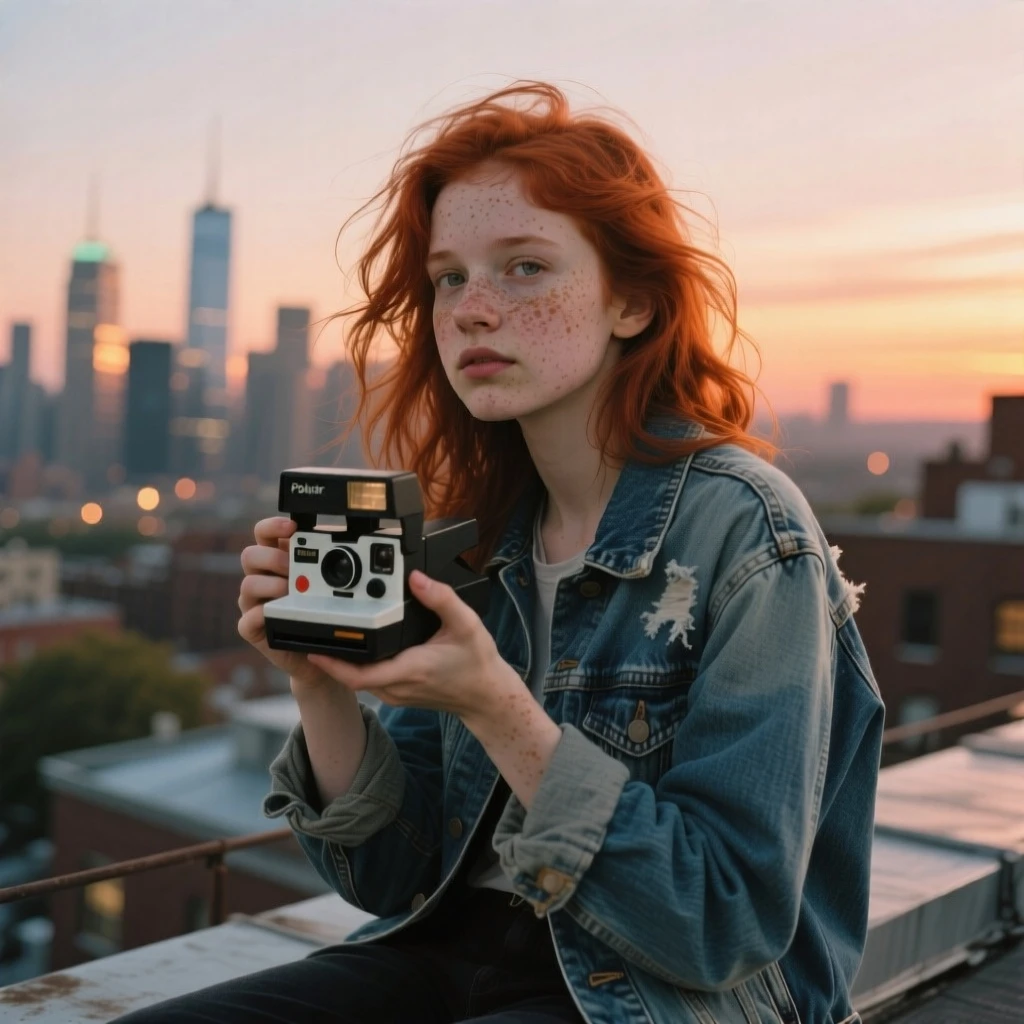 A girl with little freckles and messy red hair sitting on a rooftop during sunset, deni… — Image generated by Qwen Image Text-To-Image API