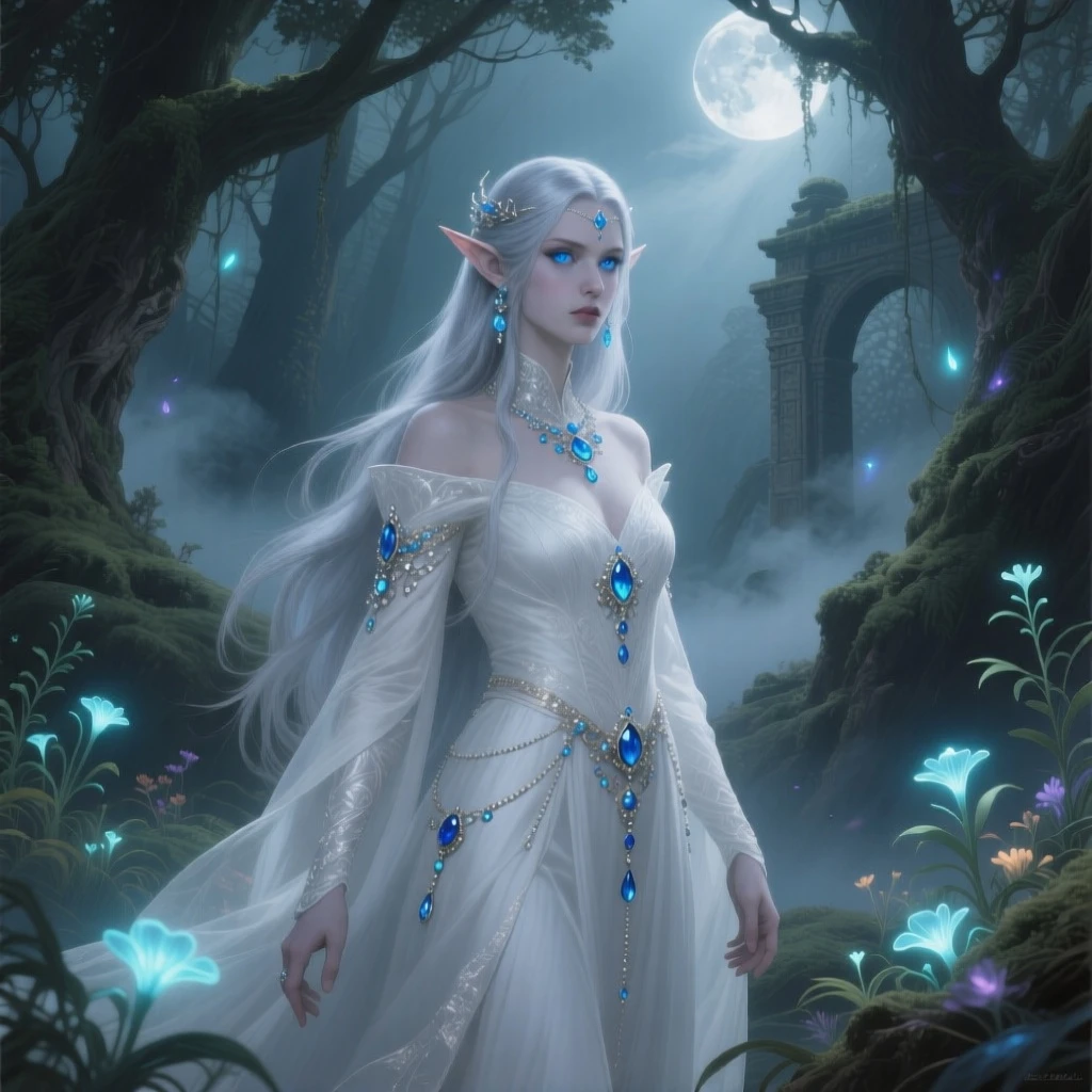 An elven queen with long silver hair and glowing blue eyes, wearing a magnificent white… — Image generated by Qwen Image Text-To-Image API