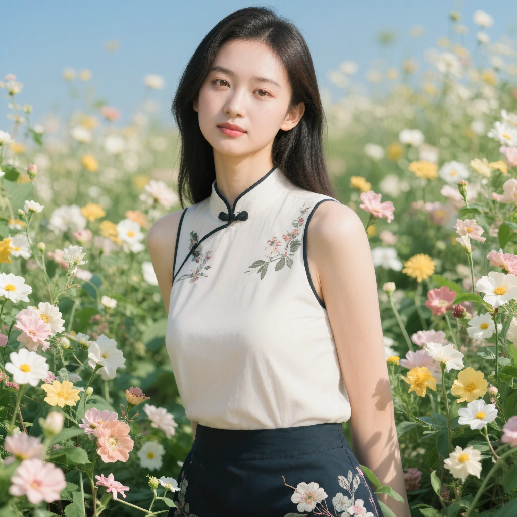 The girl stood among the flowers.