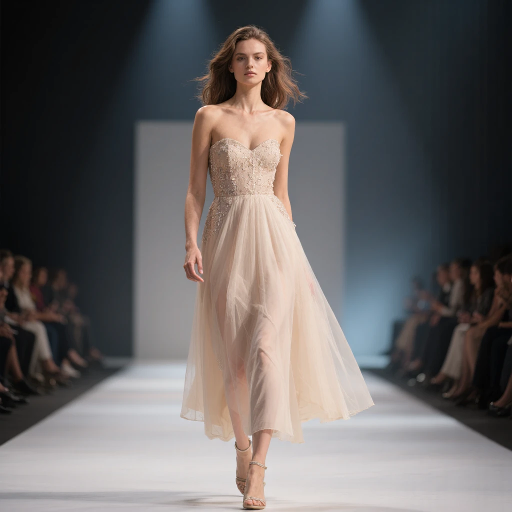 The woman is walking down the runway.