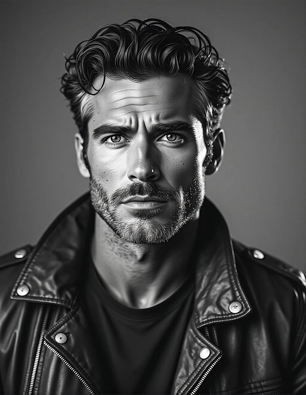 A dramatic black and white portrait of a ruggedly handsome man in his early 40s, reminiscent of a classic Hollywood star. He has salt-and-pepper hair, a five o'clock shadow, and deep, thoughtful eyes looking slightly away from the camera. He's wearing a simple leather jacket over a black t-shirt. High-contrast chiaroscuro lighting, creating a timeless and powerful mood, grainy film texture.