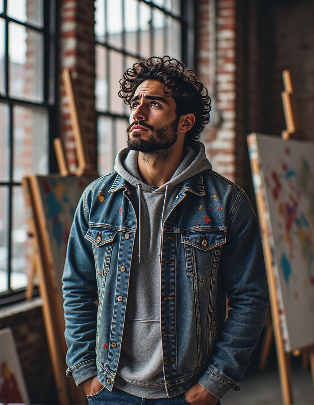 Photorealistic medium shot of a handsome Hispanic man in his early 30s with curly dark hair and a well-groomed beard. He has a thoughtful, intense expression. He's wearing a vintage denim jacket over a simple grey hoodie, with subtle paint splatters on the sleeve. He is standing in a sun-lit loft art studio in Brooklyn, with large industrial windows and canvases in the background. The lighting is soft and natural, highlighting the texture of his jacket and the intensity in his eyes. Shot on a Canon EOS R5 with a 50mm f/1.2 lens.