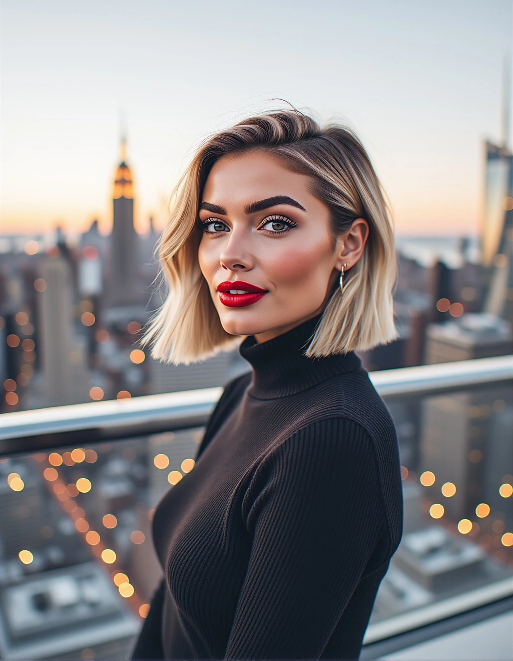A medium shot of a chic and beautiful woman with a sharp blonde bob and bold red lipstick, exuding confidence. She has high cheekbones and a sophisticated gaze. She's wearing a classic black turtleneck and standing on a stylish rooftop bar in New York City at twilight. The background city lights create a beautiful bokeh effect. Polished, magazine cover style, high resolution.