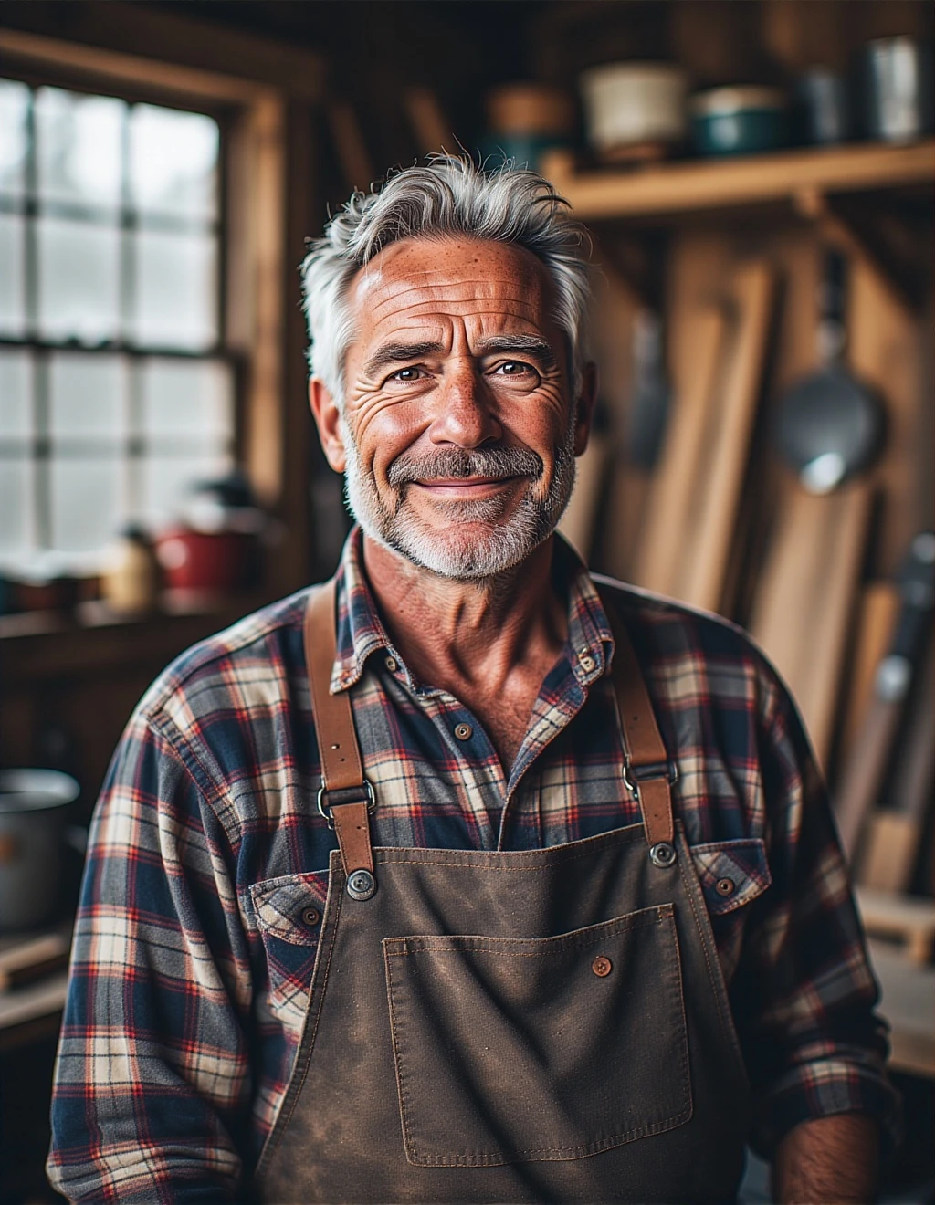 A powerful, character-driven portrait of a handsome man in his late 50s with silver hair and kind, crinkling eyes. He has a weathered but gentle face. He's a craftsman, wearing a flannel shirt and leather apron in his rustic, well-lit woodworking shop. He is looking directly at the camera with a proud, warm smile. The image is sharp, detailed, and conveys a sense of wisdom and skill. Shot in the style of a documentary portrait.