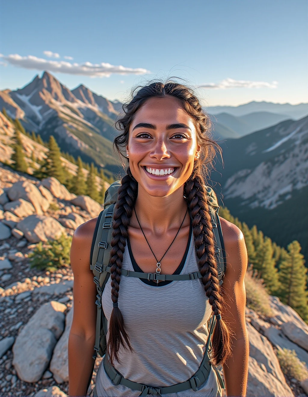 Action shot of a beautiful, athletic woman with Native American features in her late 20s, smiling brightly after a hike. Her long, dark hair is in a braid, and her face has a healthy, sun-kissed glow, with a few stray wisps of hair framing her face. She's wearing practical, high-end outdoor gear and is standing on a mountain summit in Colorado, with a breathtaking panoramic view of the Rocky Mountains at sunrise behind her. The morning light is crisp and golden. Cinematic, wide-angle shot, capturing both the stunning landscape and her joyful energy.