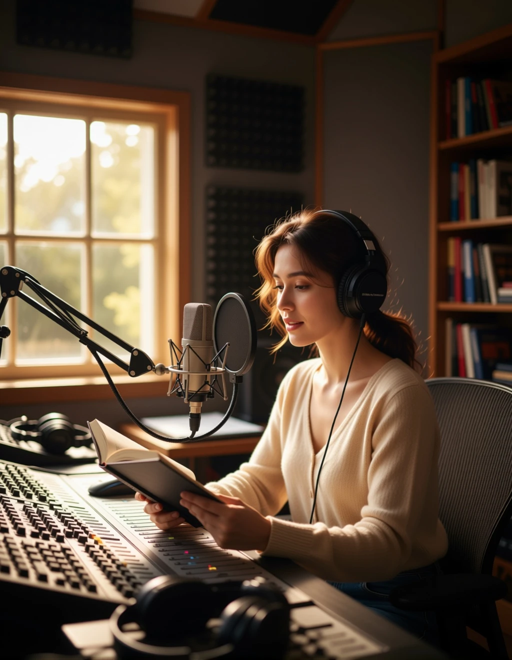 The girl in Figure 1 is sitting in the studio in Figure 2, speaking into the microphone.