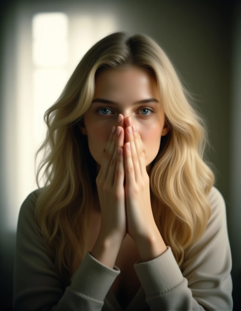 A perfect detailed photo of a woman covering her face with her hands, shallow depth of field, vignette, highly detailed, high budget, bokeh, cinemascope, moody, epic, gorgeous, film grain, grainy