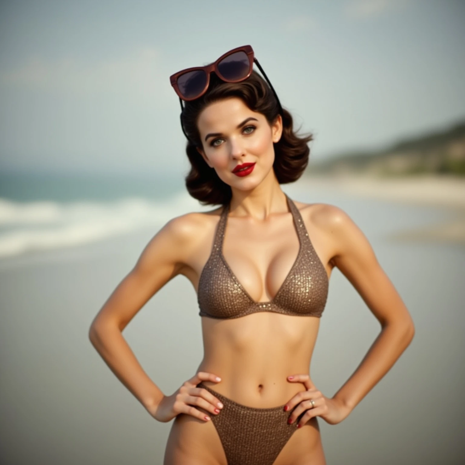 A perfect detailed photo of a woman in a stylish bikini, shallow depth of field, cinematic lighting, beach environment, highly detailed, high budget, bokeh, cinemascope, moody, epic, gorgeous, summer vibes, film grain, grainy