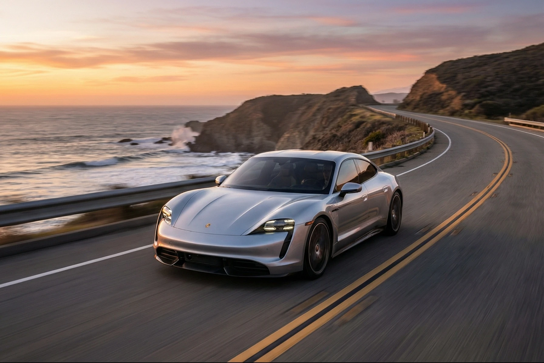 Commercial automotive photography. A sleek, silver electric hypercar (similar to Porsche Taycan concept) driving fast on the winding Pacific Coast Highway at sunset. Panning shot action, creating dramatic motion blur on the asphalt road and the ocean cliffs in the background. The car is in sharp focus. Golden hour light reflecting intensely off the polished metallic car body. Ocean spray hitting the rocks. Luxurious, energetic, cinematic color grading.