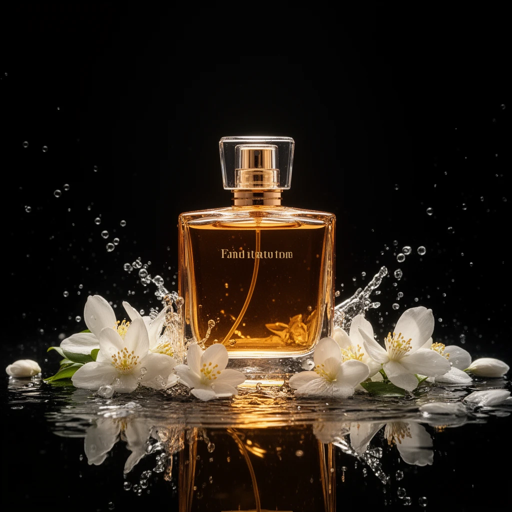 Professional commercial photography of a luxury perfume bottle made of translucent amber glass, placed on a black reflective surface. The bottle is surrounded by splashing water and floating jasmine flowers. Dramatic studio lighting, rim light highlighting the edges of the bottle, crisp details, macro shot, high contrast, elegant and sophisticated look.