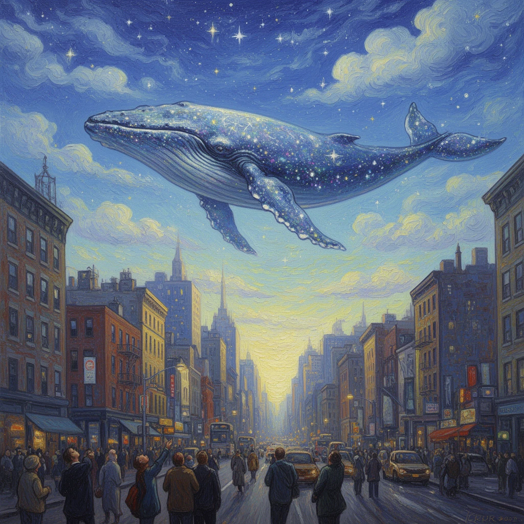 A surreal oil painting of a giant whale floating in the sky above a bustling New York city street. The whale is made entirely of transparent clouds and stars. People on the street are looking up in awe. Dreamy atmosphere, visible brushstrokes, vibrant colors, mixing the style of Van Gogh and modern digital art, fantasy concept art.