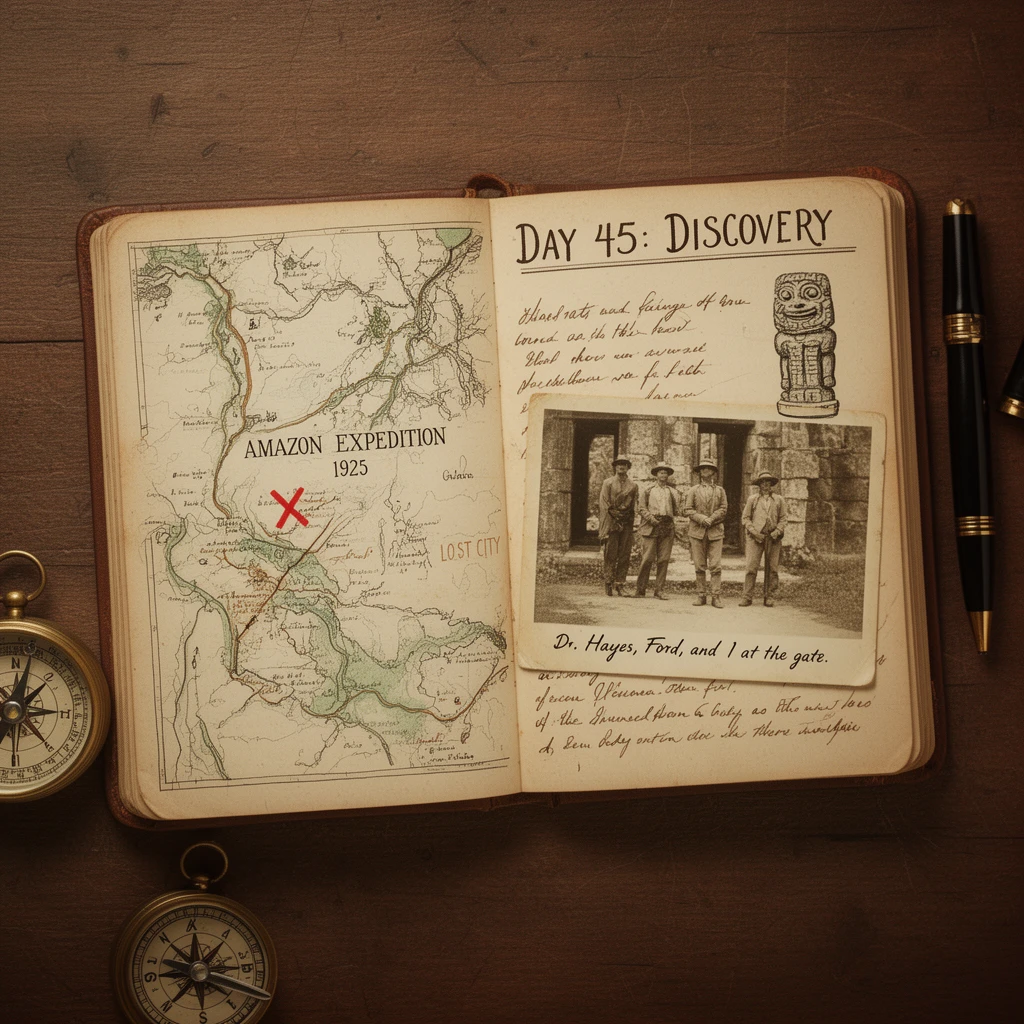 A top-down photograph of an open, vintage field explorer's journal on a wooden table. The left page has a hand-drawn map labeled "AMAZON EXPEDITION 1925" with a red 'X' marked "LOST CITY". The right page has handwritten cursive text titled "DAY 45: DISCOVERY". Below the title is a sketch of a strange stone idol. Pinned to the journal is an old, faded photograph of three explorers standing in front of a ruin, with the handwritten caption "Dr. Hayes, Ford, and I at the gate." A brass compass and a fountain pen rest beside the journal.