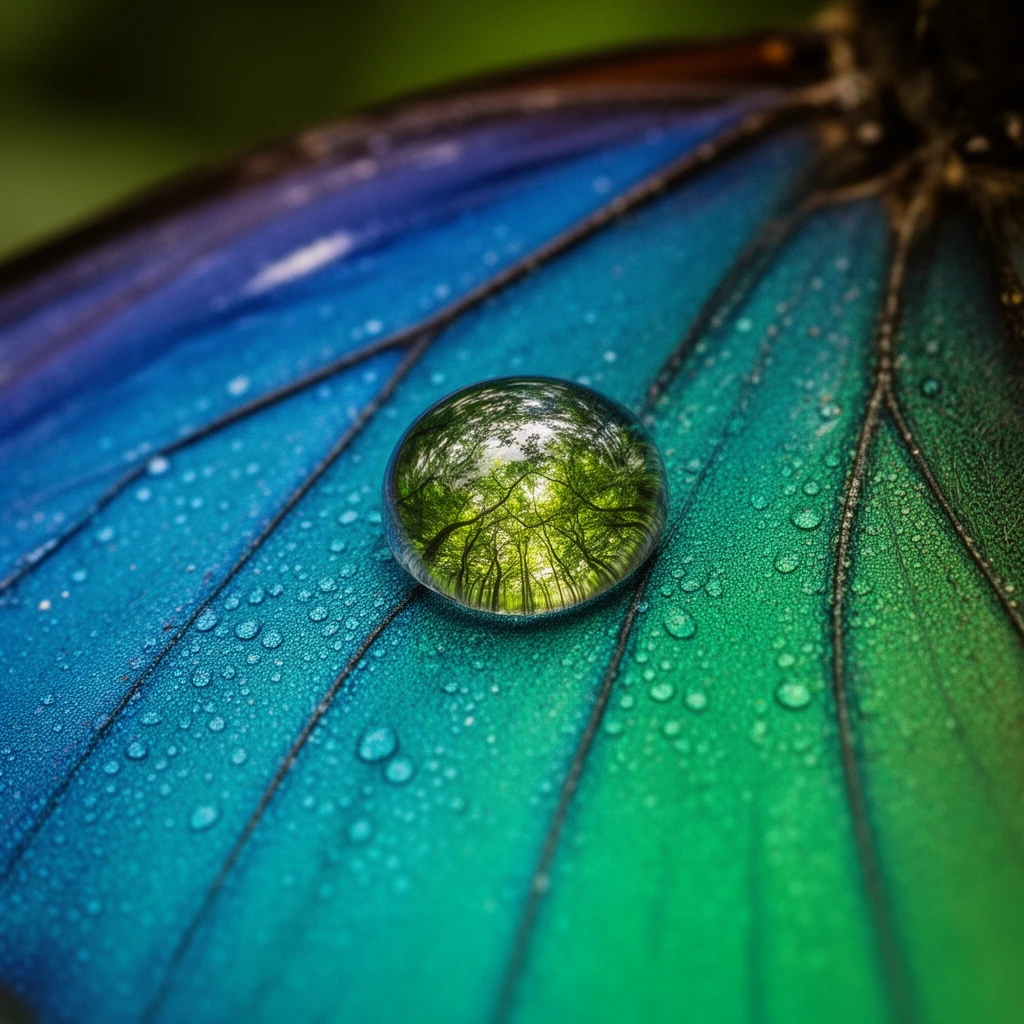 Extreme macro cinematography of a single dewdrop resting on the intricate wing of a blue morpho butterfly. Inside the spherical dewdrop, a distorted, inverted reflection of a vibrant rainforest canopy is visible. The iridescent scales of the butterfly wing show microscopic details, individual textures, and structural color shifting from blue to green under natural light. The focus is razor-sharp on the water droplet and the immediate scales around it.