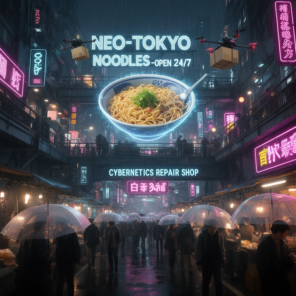 A dense, chaotic wide shot of a multi-level cyberpunk street market at night in Tokyo. Hundreds of neon signs compete for attention. In the center, a massive holographic advertisement projects a rotating ramen bowl and text "NEO-TOKYO NOODLES - OPEN 24/7". Below it, a sign reads "CYBERNETICS REPAIR SHOP" in English and Japanese Kanji. Rain streaks across the frame, reflecting all the lights on the wet asphalt and the transparent umbrellas of crowds of people. Drones flying overhead carrying packages. 8k resolution, insanely detailed.