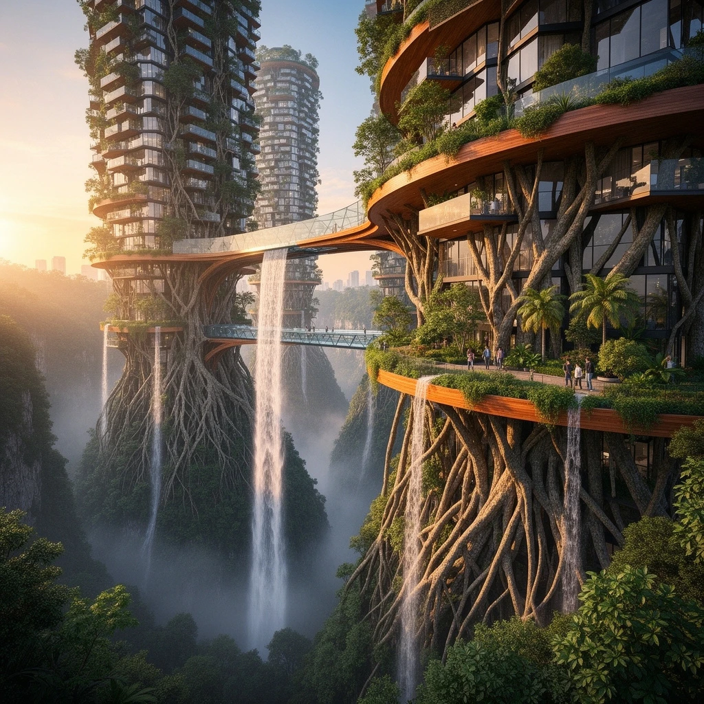 A breathtaking photograph of "The Vertical Forest City." Enormous, futuristic residential skyscrapers built completely out of intertwining massive tree roots, glass, and polished wood, rising from a misty jungle canyon. Waterfalls cascade from the upper balconies of the buildings. Suspended glass bridges connect the towers. People are visible gardening on their plant-covered terraces. The architecture looks organic yet structurally impossible, bathed in warm sunset light.