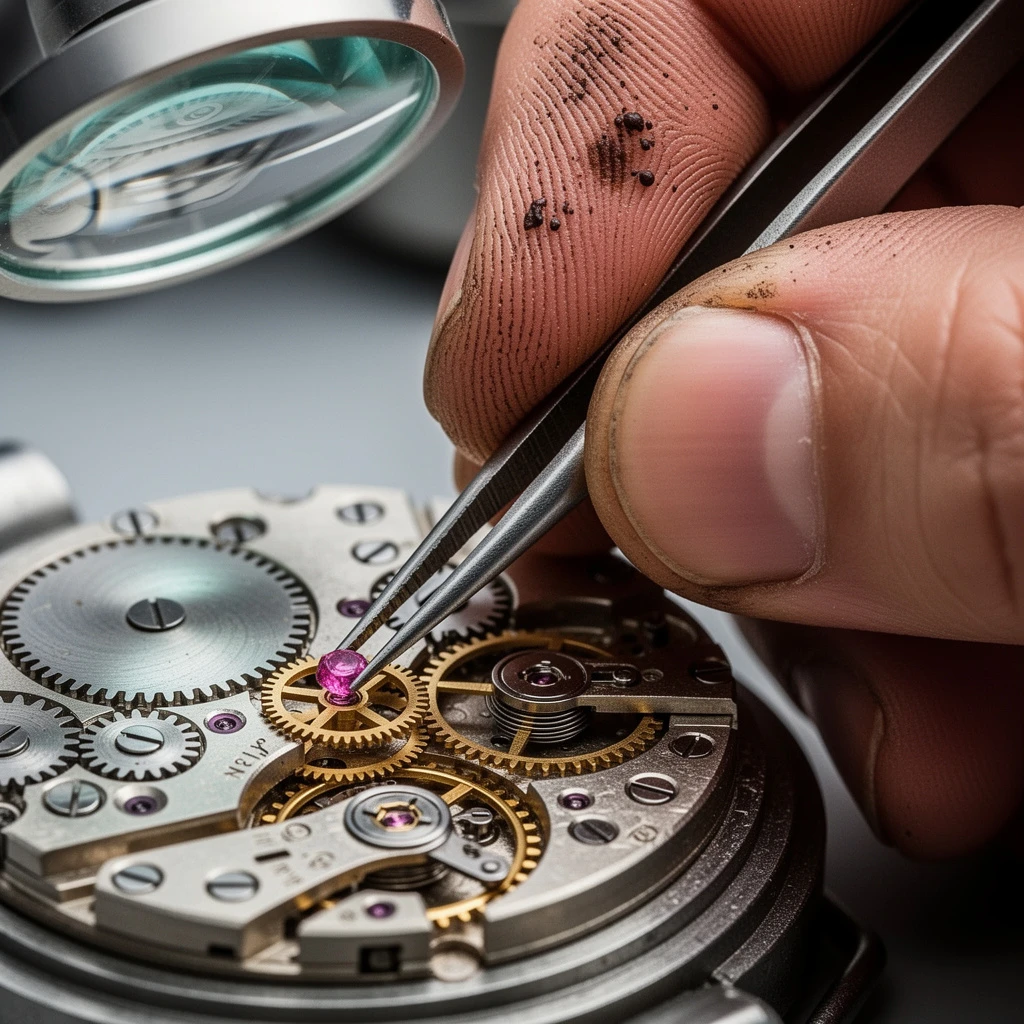 A hyper-realistic close-up photograph of a master watchmaker's hands working on a complex mechanical watch movement. The watchmaker is using fine tweezers to carefully place a tiny ruby jewel bearing into the gears. We can see every wrinkle on the fingers, the tension in the skin, fingerprint ridges, and oil stains. The watch gears, springs, and tiny screws are rendered with immense mechanical precision under a magnifying lamp. The focus must be absolutely critical on the point where the tweezers touch the ruby.