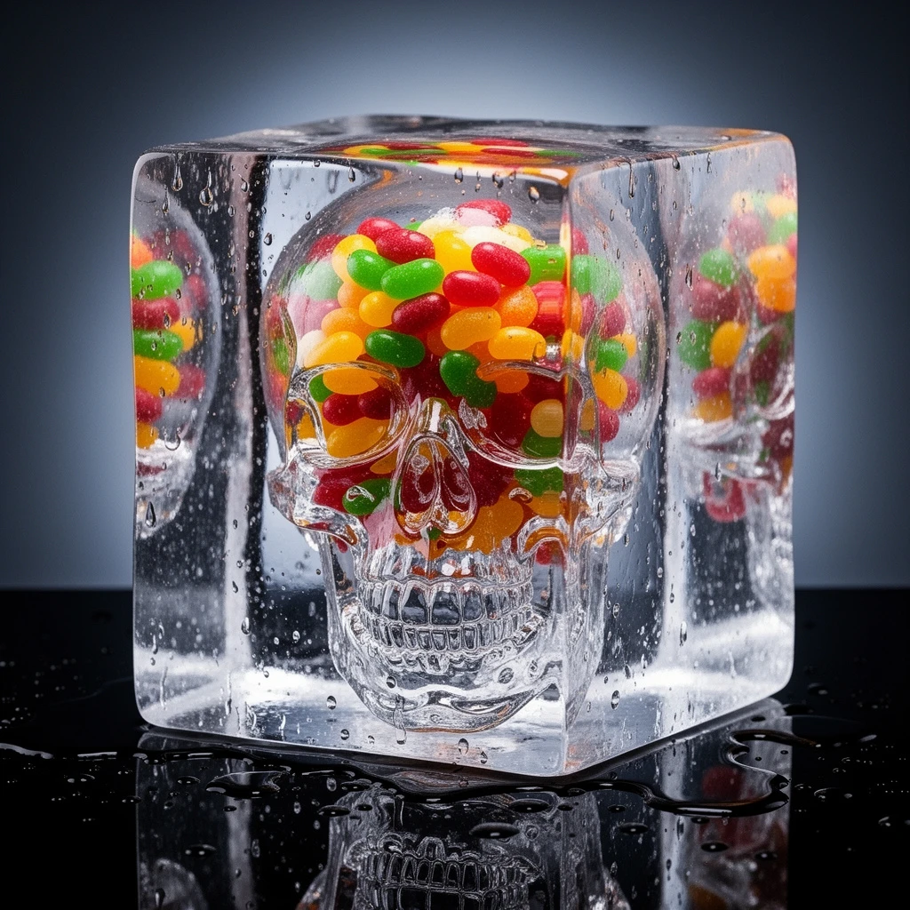 A hyper-realistic studio shot of a transparent glass skull filled with colorful jelly beans. The skull is placed inside a cube made of clear ice. We can see the distorted refraction of the jelly beans through both the ice and the glass skull. Lighting is coming from behind, creating a glowing effect through the sweets. Water droplets are melting off the ice cube onto a black reflective surface.