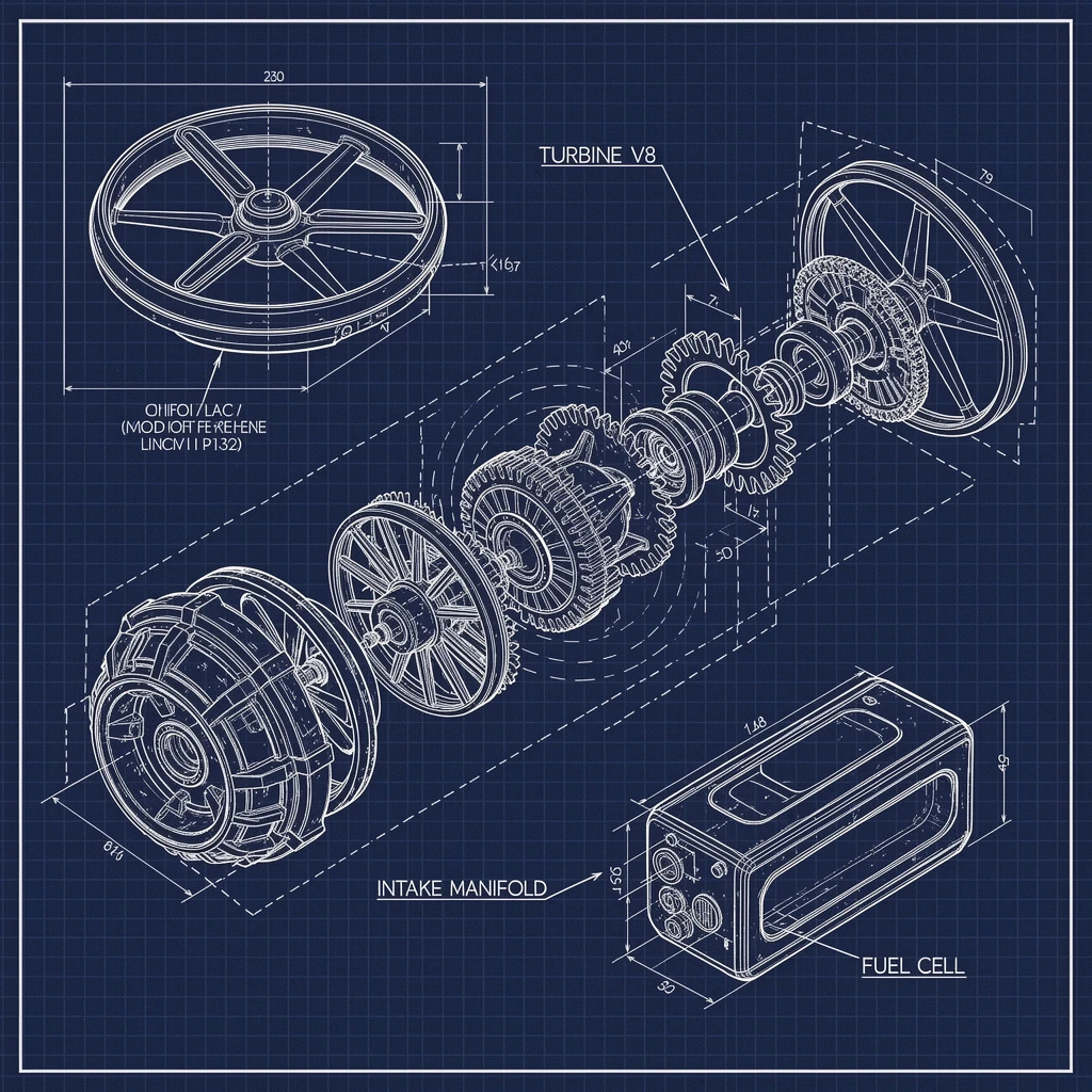 A detailed, deconstructed technical blueprint of a futuristic sci-fi drone engine, drawn in white lines on a dark blue grid background. The schematic includes exploded views of gears and rotors. Specific components are labeled with text: "TURBINE V8", "INTAKE MANIFOLD", and "FUEL CELL". The drawing style is precise, engineering CAD style, with measurements and dashed lines indicating assembly.