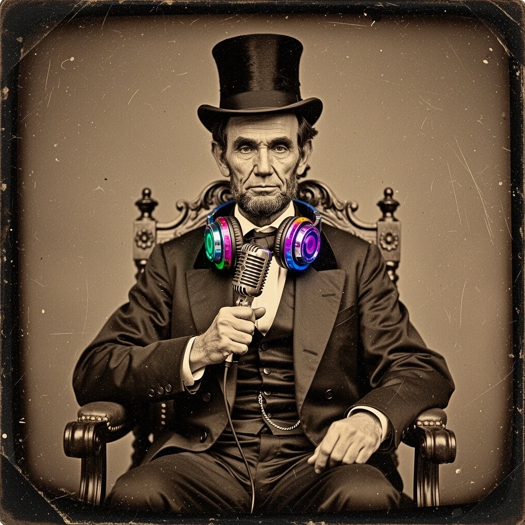 A vintage 1860s sepia-toned daguerreotype photograph. It depicts a serious Abraham Lincoln sitting in a formal chair, wearing his traditional suit and top hat, but he is wearing large, colorful, modern DJ headphones around his neck and holding a shiny silver microphone. The photo has scratches, dust particles, and heavy vignette typical of the 19th century, but the modern equipment looks physically present in the scene, not just pasted on.