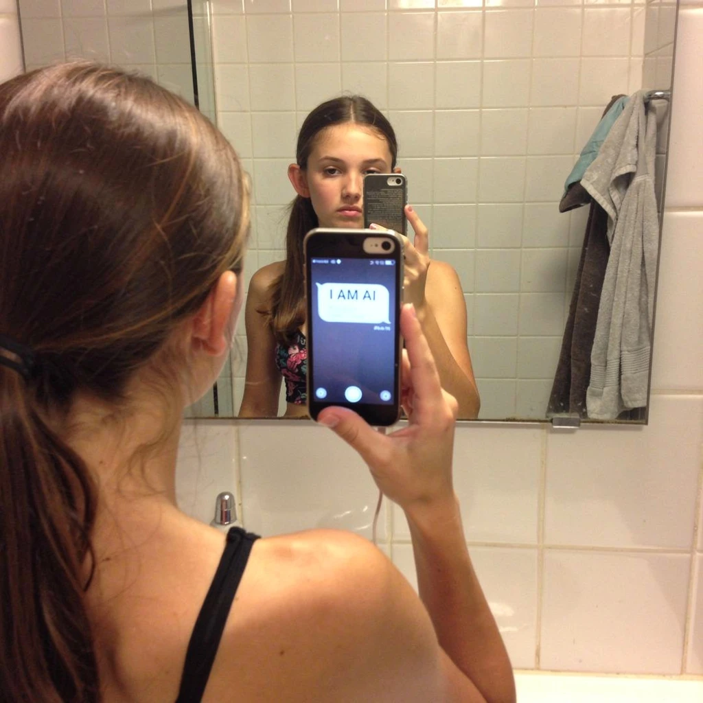 A girl taking a mirror selfie in a bathroom. She is holding an iPhone in her right hand. We see her back in the foreground, and her front reflection in the mirror. The phone screen in the reflection is visible and displays a text message bubble saying "I AM AI". The focus is on the reflection in the mirror. The background shows tiled walls and towels. The geometry of the reflection must perfectly match her pose.