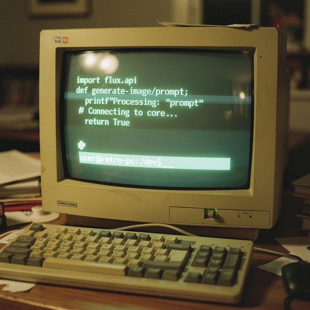 A photograph of a vintage, beige CRT monitor sitting on a cluttered wooden desk in a dimly lit room. The curved screen glows with monochromatic green text. Displayed on the screen is Python code:
import flux_api
def generate_image(prompt):
print(f"Processing: {prompt}")
# Connecting to core...
return True
Below the code, a blinking cursor sits next to a command prompt: `user@retro-pc:~/dev$ _`. The screen shows scan lines, slight flickering distortion, and reflections of the room lights on the curved glass surface. A mechanical keyboard with beige and grey keycaps sits in front of it. Film grain.