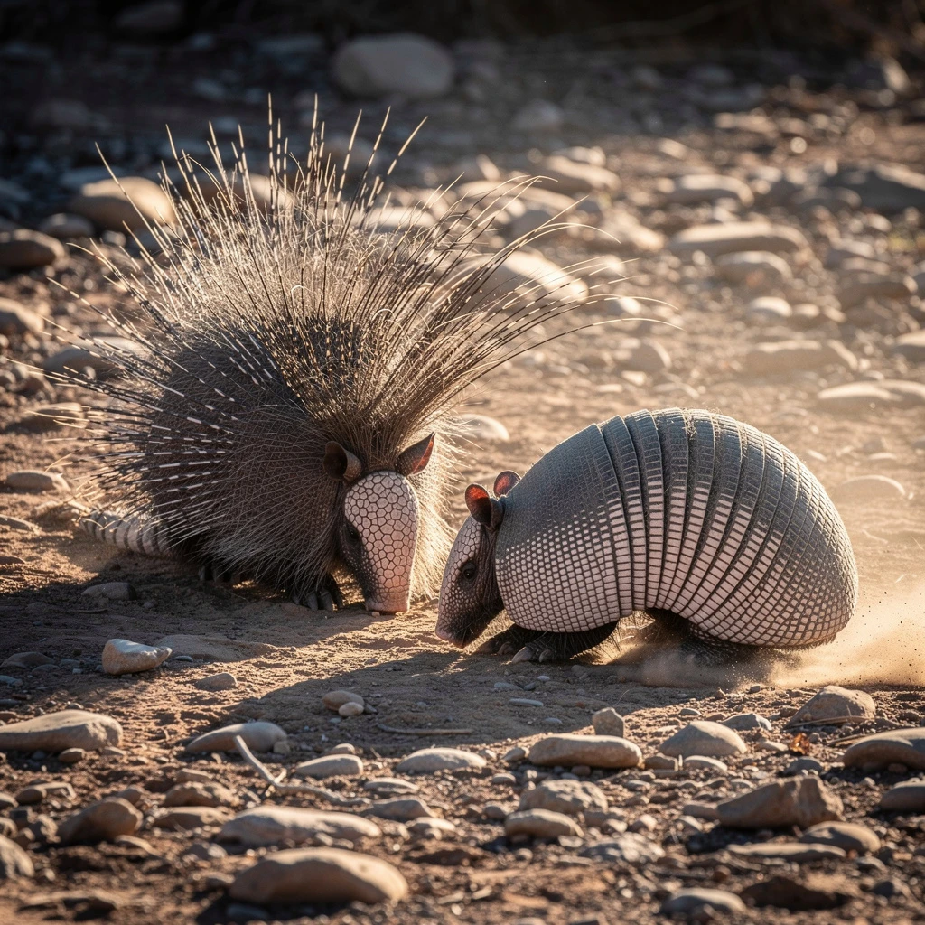 A nature photograph captures a defensive standoff between a North American porcupine and a nine-banded armadillo in a dry, rocky riverbed. The porcupine is turned away, with hundreds of long, sharp quills fully erected, creating a textured defensive halo. The armadillo is curled halfway into a ball, showing the intricate, leathery texture of its armored bands and scales. Dust is kicking up slightly around them. Harsh afternoon sunlight casting long shadows. Sharp focus on the textures of both animals.