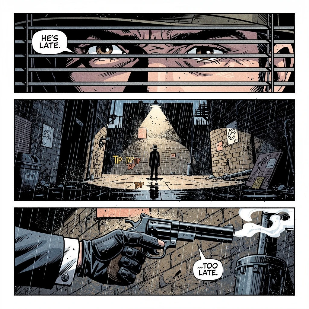 A comic book page layout drawn in a gritty noir graphic novel style with heavy black ink shadows. The page is divided into three horizontal panels separated by white gutters.
Top Panel: A close-up of detective's eyes looking suspicious through blinds. Text bubble says "HE'S LATE."
Middle Panel: A wide shot of a rainy, dark alleyway with a single figure standing under a streetlamp. Sound effect text "TIP TAPTIP TAP" near their feet.
Bottom Panel: A gloved hand holding a smoking revolver. Text bubble says "...TOO LATE."
The art style is consistent across all panels.