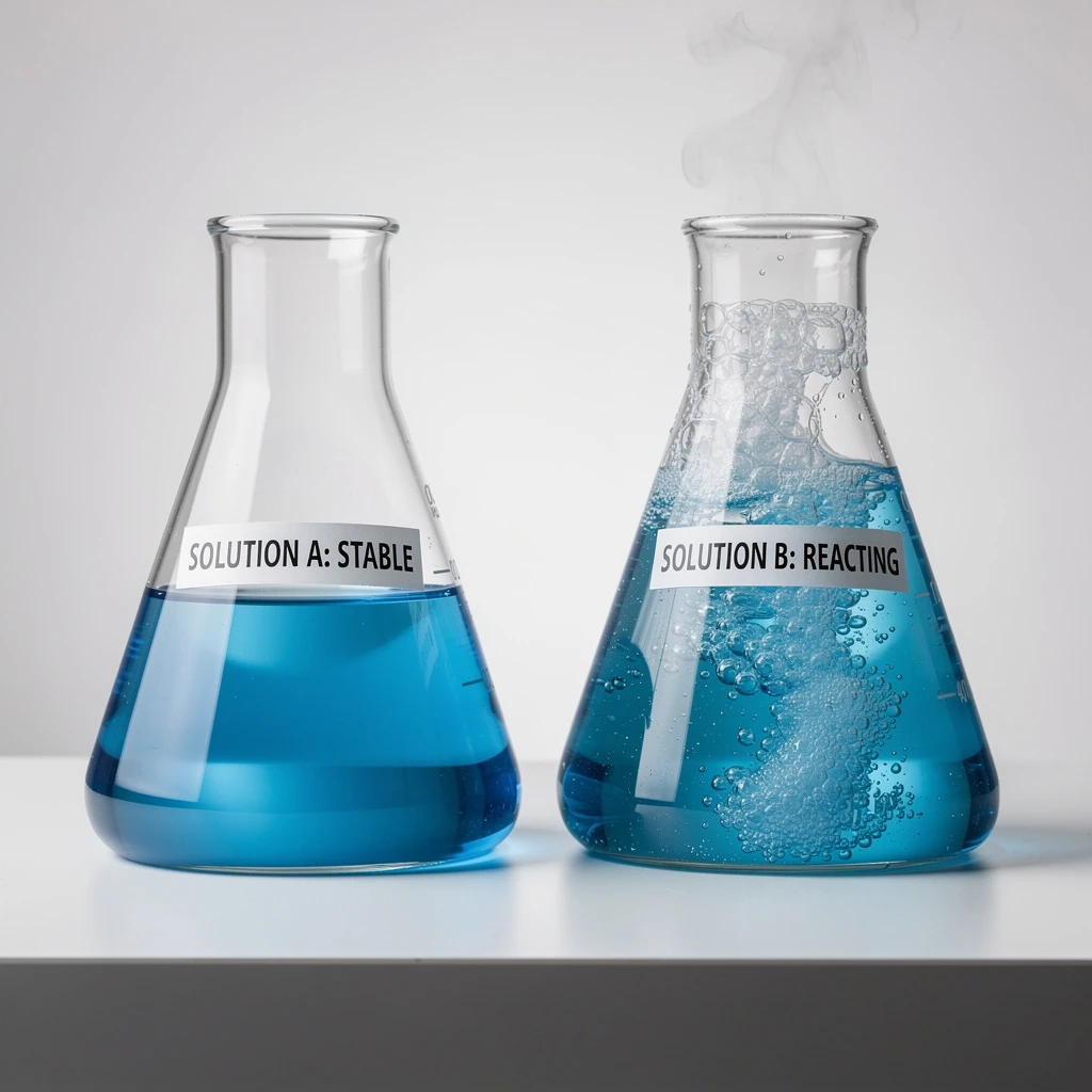 A symmetrical studio photograph of two identical, transparent glass chemical flasks sitting side-by-side on a white laboratory bench.
The LEFT flask contains a clear, still blue liquid and has a label reading "SOLUTION A: STABLE".
The RIGHT flask contains the same blue liquid, but it is vigorously bubbling and boiling, with steam rising from the neck. It has an identical label that reads "SOLUTION B: REACTING".
The lighting is clean and clinical. The focus must clearly show the difference in the liquid's state.
