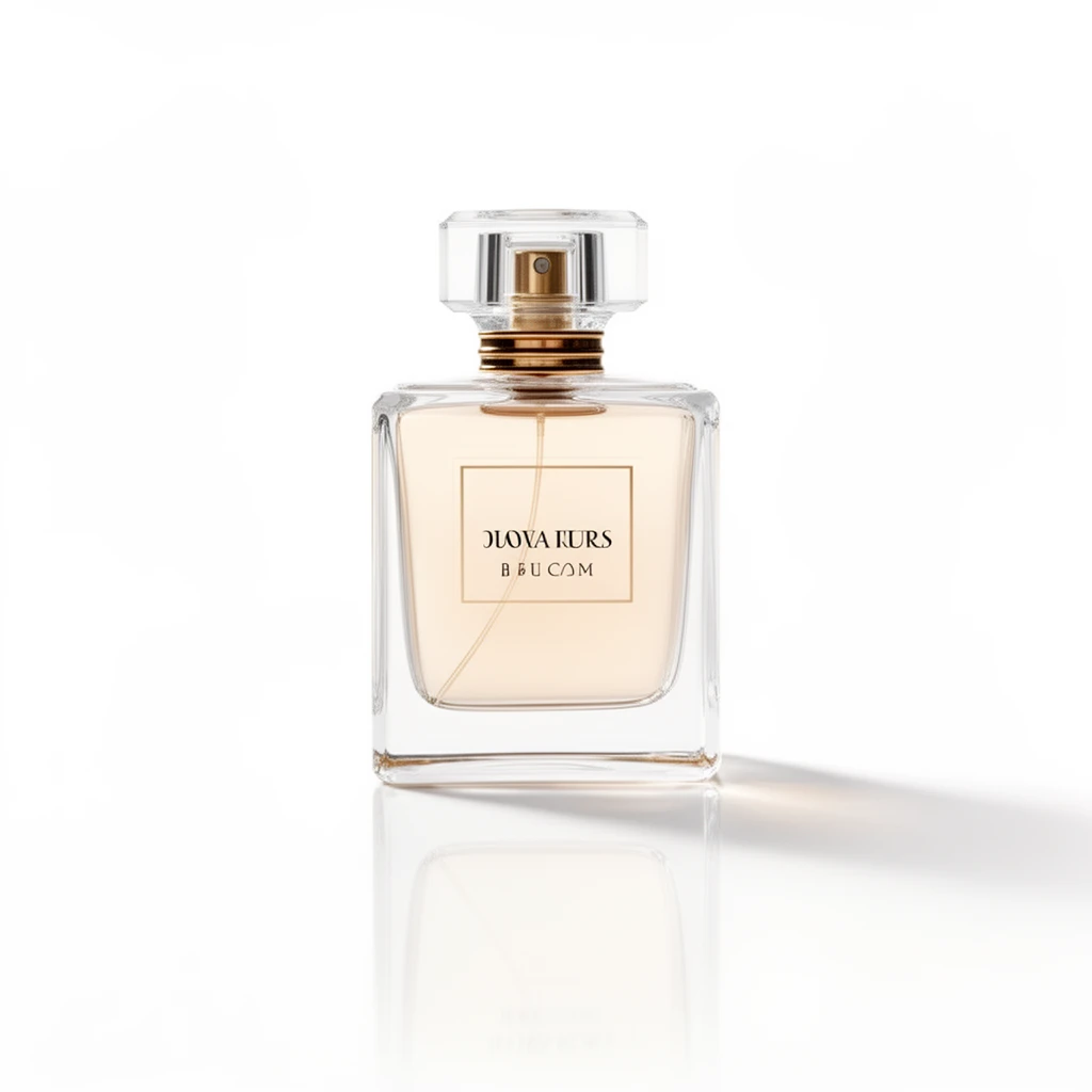 Transform this perfume photo into a Dior-style luxury white-background campaign image while keeping the original bottle shape and composition. 
Replace the current background with a pure, soft white studio backdrop. 
Enhance the lighting with bright, diffused beauty light, creating clean highlights and elegant glass reflections. 
Refine the bottle’s glass clarity and edges with Dior-like high-end minimalism, adding subtle gold accents and premium gloss. 
Reduce distractions and create a pristine, airy atmosphere with gentle shadows and a polished luxury aesthetic. 
Overall style: Dior perfume campaign, pure white luxury minimalism, luminous high-fashion product photography.
