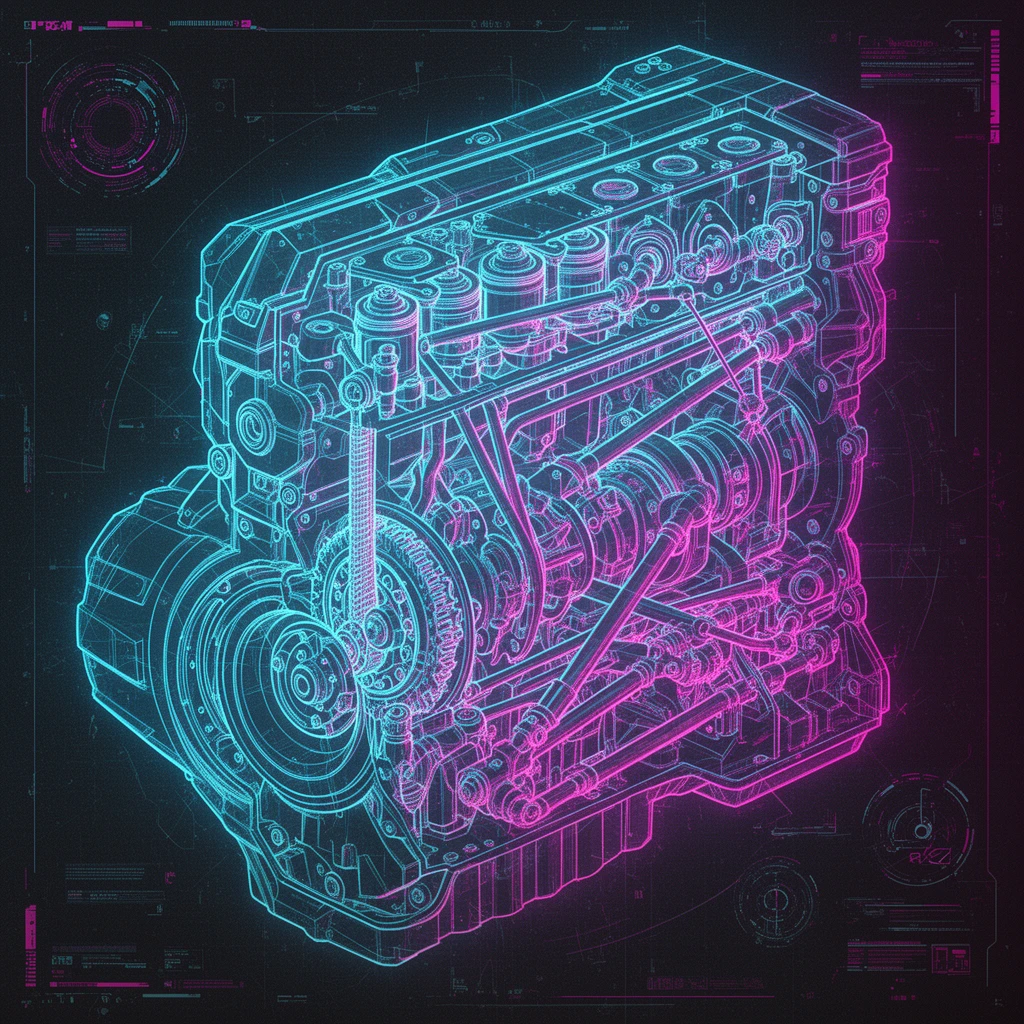 Transform this mechanical engine illustration into a futuristic cyberpunk technical blueprint while keeping all original mechanical structures intact. 
Add neon blue and magenta line accents, holographic overlays, glowing circuit patterns, and subtle HUD interface elements around the engine parts. 
Enhance the lighting with cool, high-tech highlights and soft ambient glow. 
Refine edges to look more digitally drafted while preserving real mechanical accuracy. 
Overall style: cyberpunk engineering schematic, holographic blueprint, sci-fi UI design.
