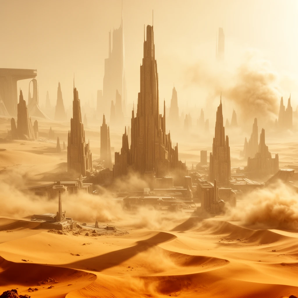 Transform this futuristic cityscape into a Dune-style desert imperial metropolis while preserving the overall skyline and building silhouettes. 
Replace the environment with a vast golden desert landscape, adding sand dunes, wind erosion, and drifting dust. 
Shift the lighting to harsh, cinematic desert sunlight with long shadows and a warm, sand-colored palette. 
Add subtle hints of ancient mega-architecture and monolithic structures, blending futuristic forms with a monumental desert-empire aesthetic. 
Introduce atmospheric spice haze, heat distortion, and distant sandstorms to enhance scale and mystique. 
Overall style: Dune desert megacity, epic imperial architecture, harsh sunlit sci-fi minimalism, mythic and atmospheric.
