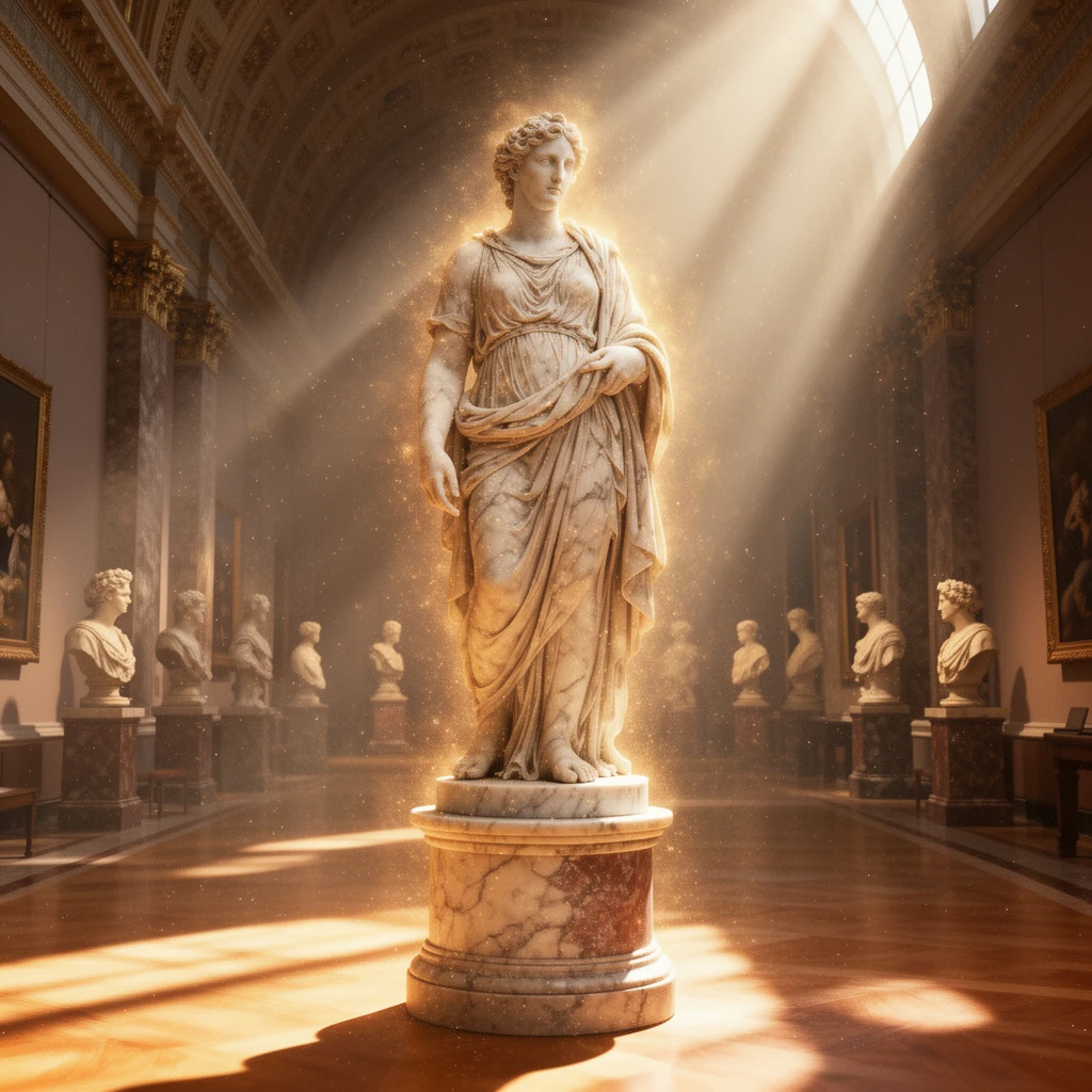 Transform this image into a divine surreal Renaissance-inspired scene while keeping the original statue and museum structure unchanged.
Enhance the lighting with warm celestial rays, soft volumetric beams, and floating dust particles for a sacred atmosphere.
Introduce subtle ethereal glow around the marble surface, enriching texture without altering the sculpture’s form.
Deepen shadows and add gentle atmospheric haze to create a timeless, mystical mood.
Overall style: divine surrealism, sacred Renaissance ambience, warm dramatic light, ethereal museum atmosphere.