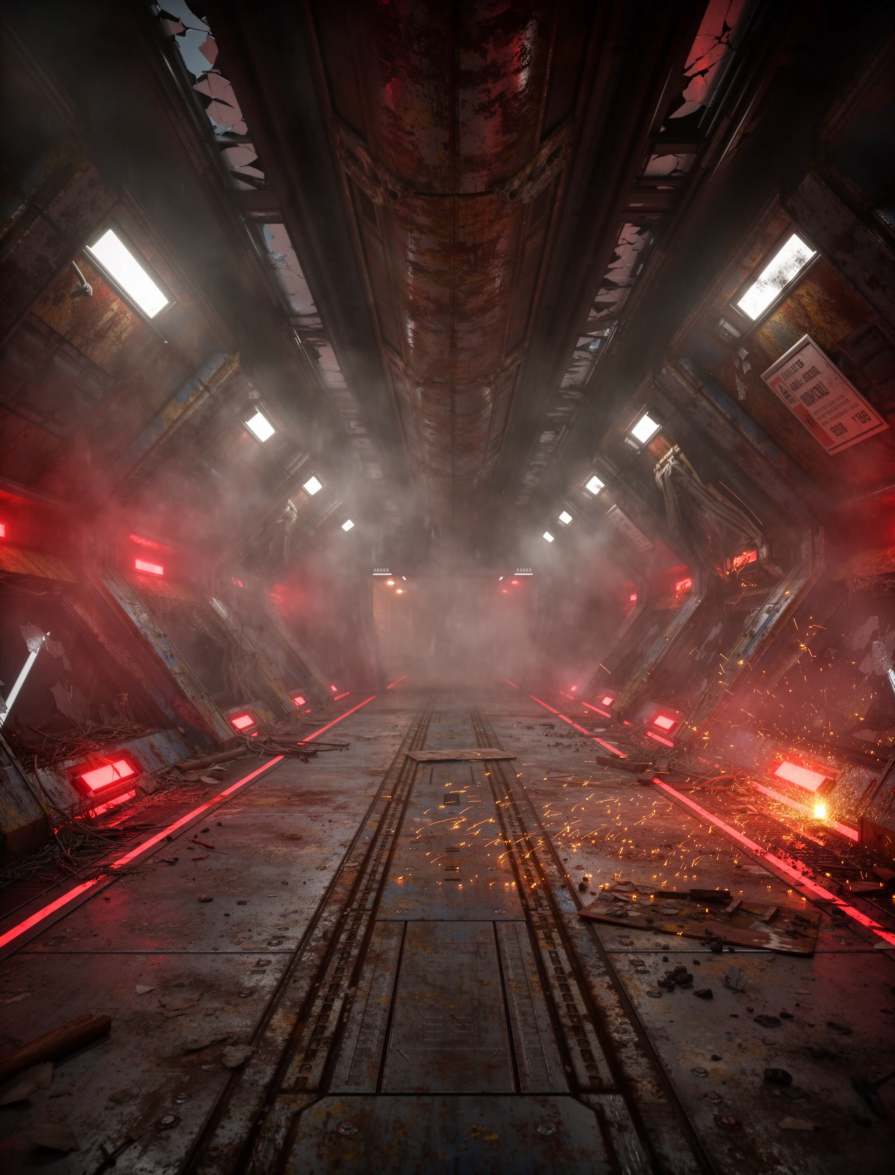 Transform this clean sci-fi corridor into a post-apocalyptic derelict environment while keeping the original architecture and perspective.
Add damaged metal surfaces, subtle rust, broken light panels, scattered sparks, and flickering emergency red lights.
Introduce atmospheric smoke, dust haze, and deeper shadows to enhance tension and drama.
Shift the color palette toward darker tones with hints of red and amber, creating a dangerous, abandoned sci-fi atmosphere.
Overall style: post-apocalyptic sci-fi corridor, damaged high-tech interior, cinematic moody lighting, immersive dystopian ambience.