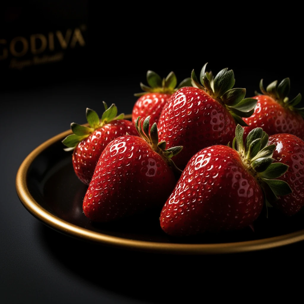 Transform this strawberry photo into a high-end Godiva-style black and gold luxury dessert, no real brand, advertisement, while keeping the original strawberries and composition unchanged.
Darken the background into a deep matte black with rich cinematic shadows, directing all highlights toward the fruit.
Add refined golden rim lighting and subtle metallic accents for a premium chocolate-brand atmosphere.
Enhance the strawberries’ gloss and richness, giving them a decadent, jewel-like shine without exaggeration.
Overall style: luxury dessert aesthetic, elegant high-contrast mood, premium gourmet presentation.