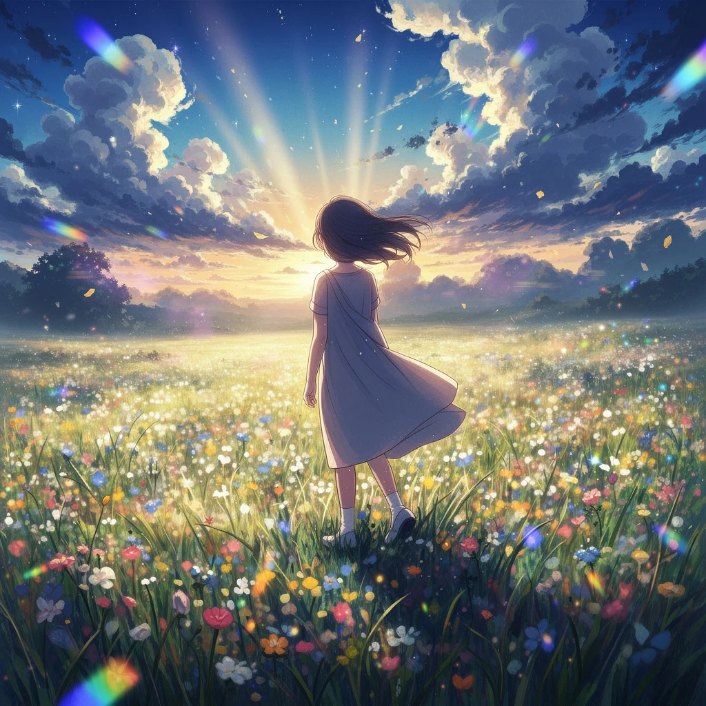 Transform the scene into a Makoto Shinkai–style cinematic realism: ultra-detailed sky with dramatic clouds, glowing sunlight beams breaking through, vibrant and transparent colors, enhanced atmospheric depth, lens-flare highlights, high-saturation meadow with shimmering flowers, gentle breeze motion in the girl’s dress and hair, rich contrast and emotional light, filmic composition.
blurry, distorted anatomy, extra limbs, artificial texture, overexposed light, monochrome, muddy colors