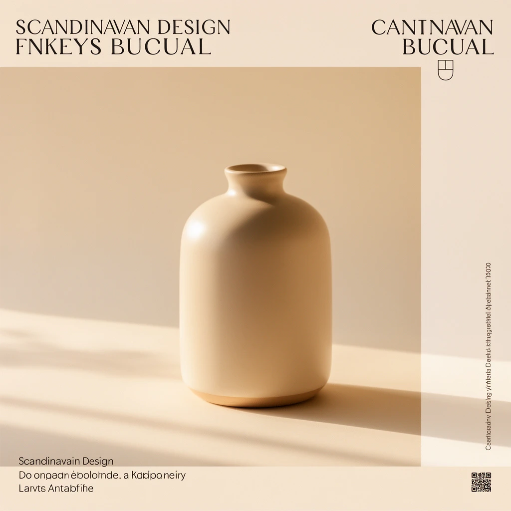 “Transform this image into a Scandinavian design exhibition poster. Keep the product as the hero object, but redesign the entire composition with bold Nordic minimalism: large clean negative space, muted beige and warm natural tones, modern geometric layout, soft ambient daylight, subtle shadows. Add refined Scandinavian-style typography at the top or sides (non-existing text), using thin sans-serif fonts and grid-based alignment. The overall feeling should be calm, elegant, curated—like a Copenhagen or Stockholm design fair poster. No clutter, no glossy commercial style; focus on shape, material, and minimalist beauty.