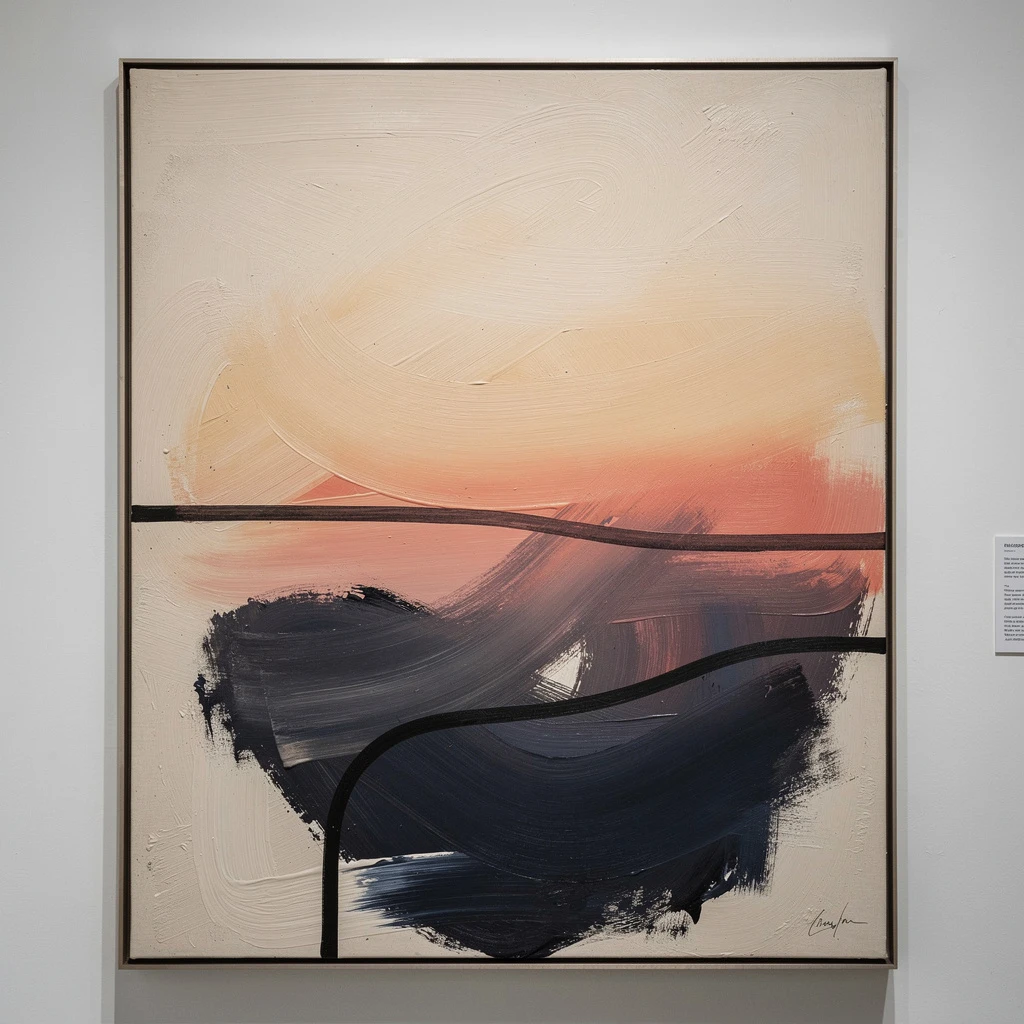 Transform this artwork into a high-end modern art gallery style, inspired by MoMA and Tate Modern aesthetics. Keep the abstract composition but refine the brush textures with realistic acrylic and oil-paint strokes. Use a more minimalist palette with muted beige, charcoal black, deep indigo, and gentle sunset gradients. Increase negative space, enhance balance and visual rhythm, and give the overall piece a curated museum-exhibition feeling. Avoid adding new objects; focus on elevating artistic sophistication.