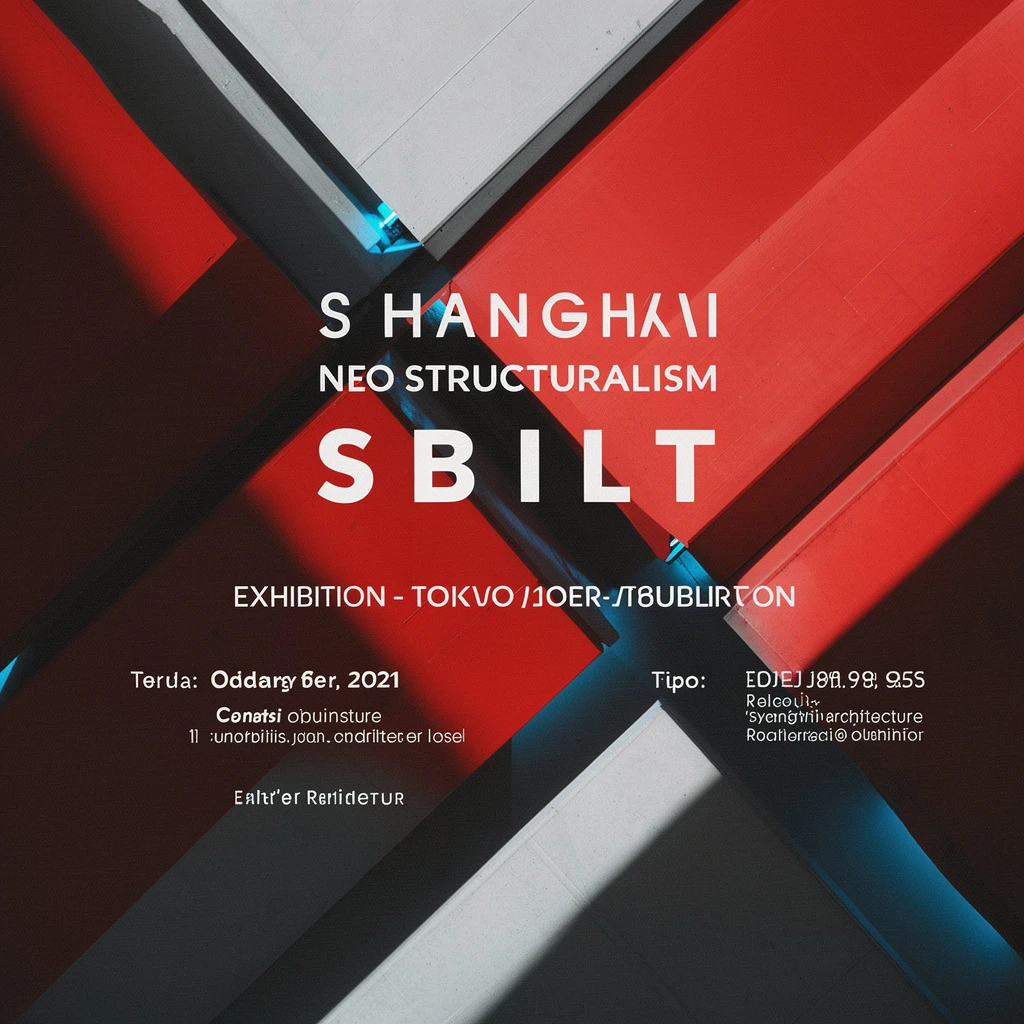 Transform this poster into a Tokyo neo-structuralism exhibition style. Keep the geometric architectural shapes but enhance depth, sharp edges, and dramatic shadows. Introduce cool-tone accents and precise high-contrast lighting. Replace the text layout with clean, minimal, well-aligned modern typography, resembling a real contemporary art museum poster (no existing brands). Add subtle Japanese design influence, balanced whitespace, and a sense of futuristic structure. Maintain an editorial, gallery-promotion look.
