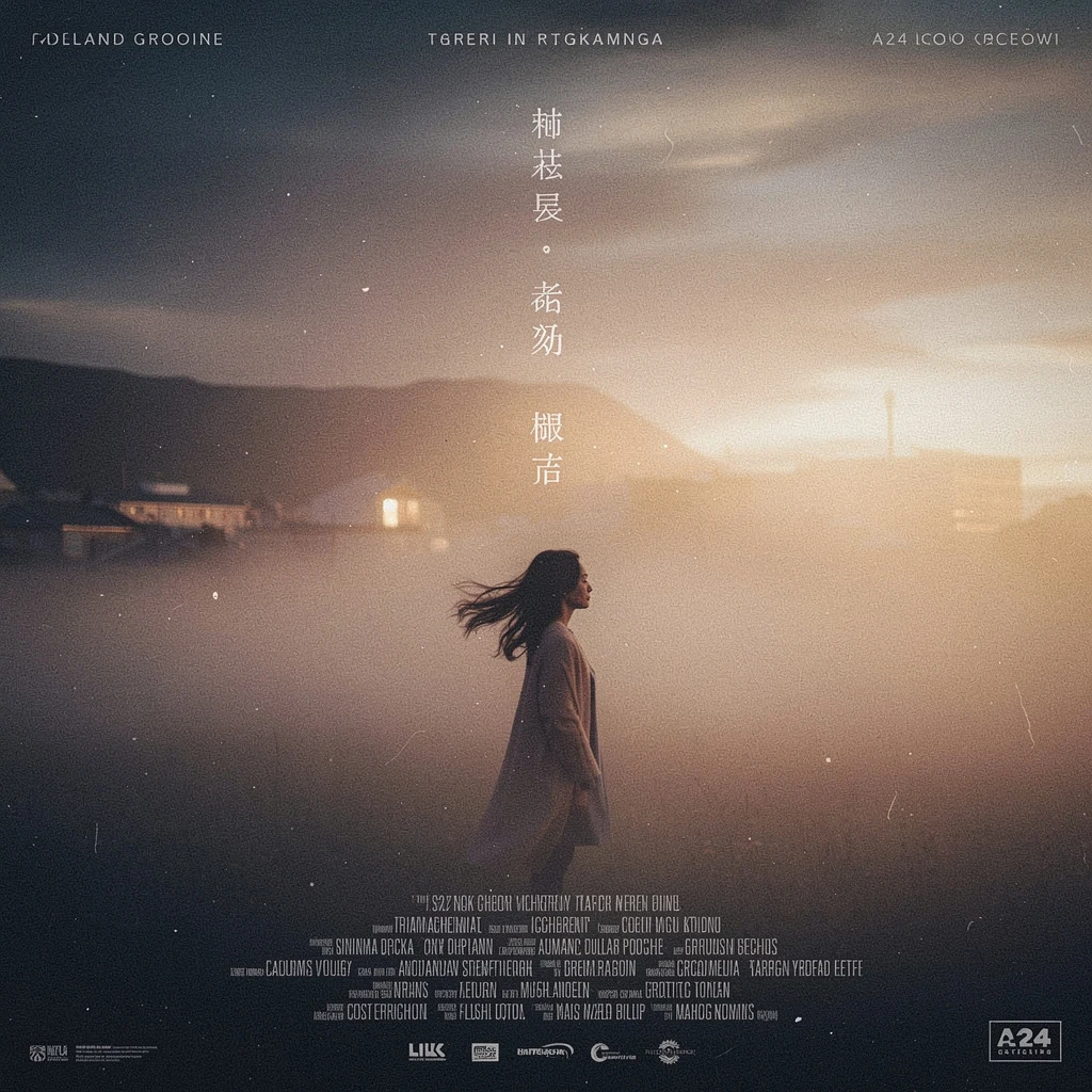 Transform this image into a cinematic movie poster style. Keep the solitary figure in the misty field, but enhance dramatic atmosphere with deeper contrast, soft volumetric fog, and warm backlight from the horizon. Add subtle film-grain texture, richer color gradients, and heightened emotional tension. Introduce minimalist, well-designed poster typography layout space around the character, with space for title and credits. Preserve the poetic and quiet mood, but elevate it to a professional film-poster aesthetic reminiscent of A24, Icelandic arthouse films, and atmospheric slow cinema.
