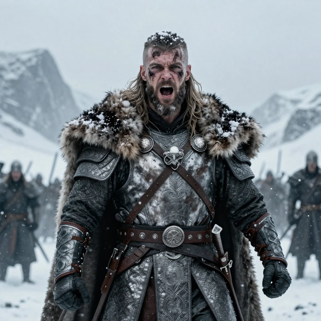 Cinematic wide shot of a battle-worn viking warrior standing in a blizzard. Wearing intricate silver armor with fur cloak. Face covered in mud and war paint. Snowflakes landing on eyelashes. Intense gaze, screaming. Epic mountain background, overcast sky, desaturated colors, gritty texture, highly detailed armor, 8k, Arri Alexa camera.