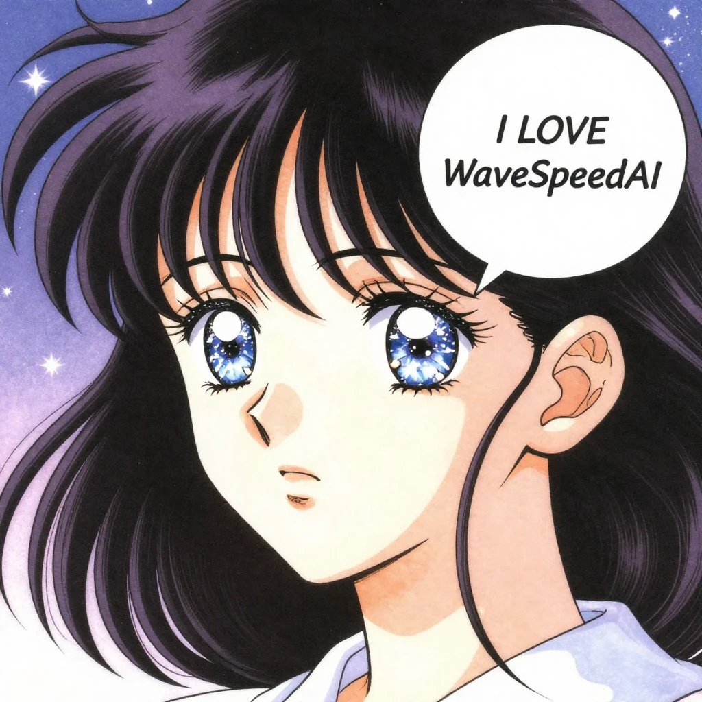 Retro 90s shojo manga style. Close-up of a girl with sparkling watery eyes and windblown hair. A clean white speech bubble next to her face. The text inside the bubble explicitly reads "I LOVE WaveSpeedAI". Soft dreamy atmosphere, starry background, delicate linework, vintage anime aesthetic.