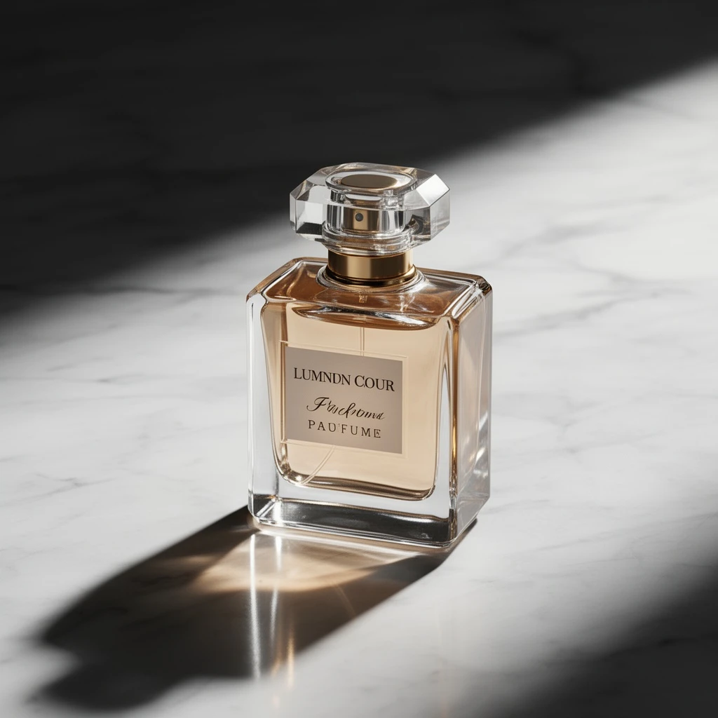 A hyper-realistic glass perfume bottle on a marble surface, dramatic hard light, crisp shadows, soft reflections, luxury product photography style.