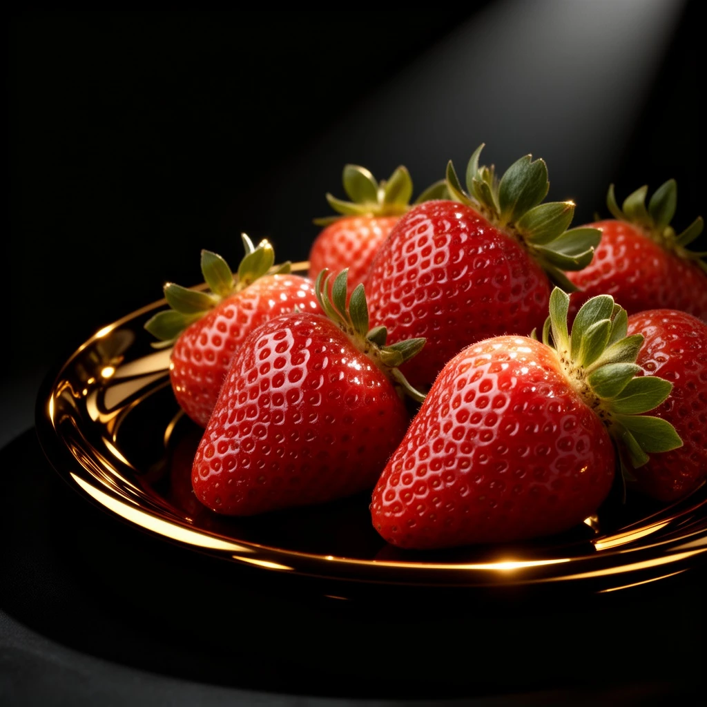 Transform the image into a premium black-and-gold luxury commercial style: deep matte black background, dramatic golden accent lighting, glossy highlights on the strawberries, subtle metallic gold reflections on the plate, high-contrast cinematic shadows, rich premium advertising mood, refined texture detail, elegant spotlight effect, preserve the original shapes and composition, no distortion, ultra clean edges.