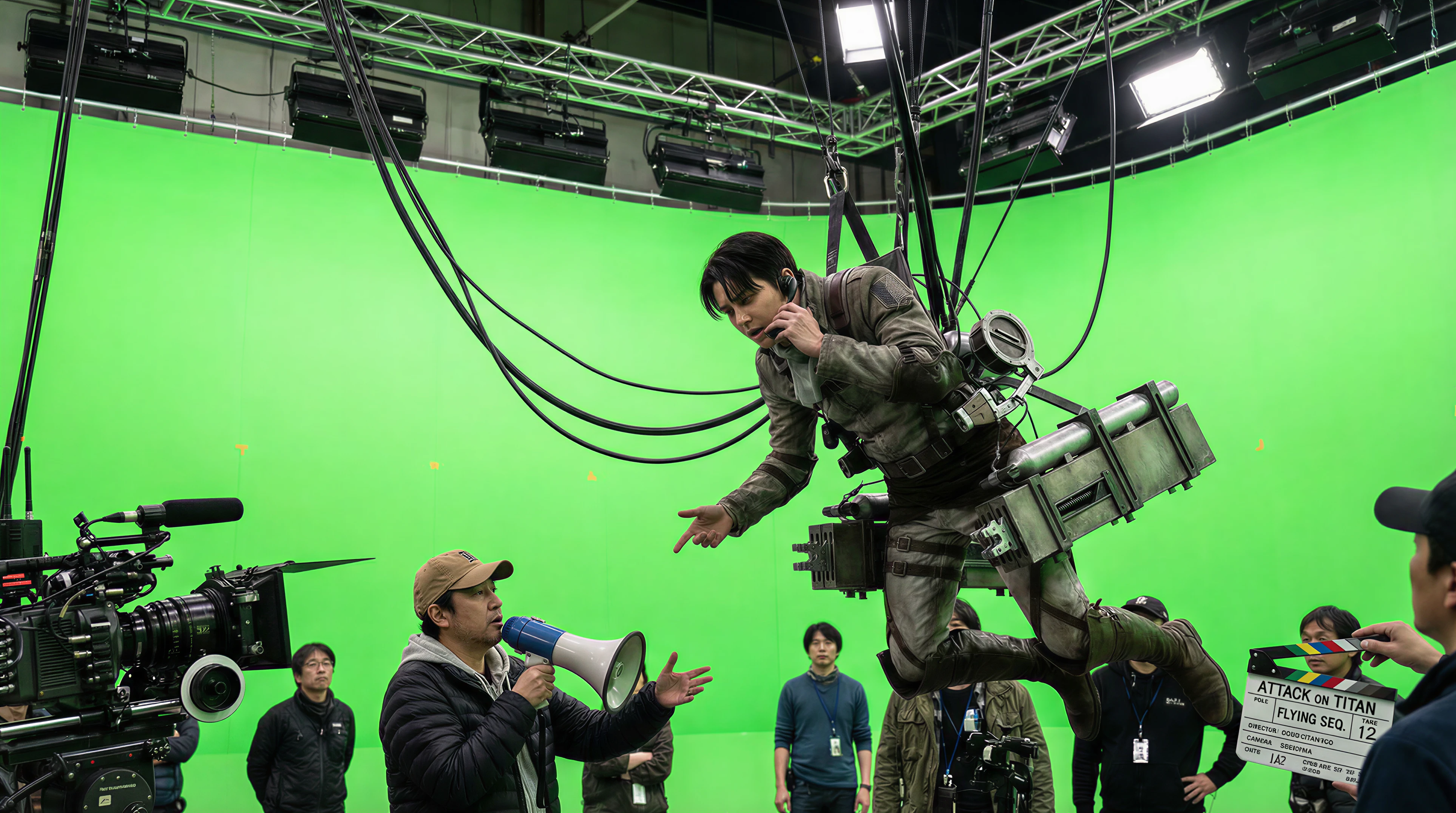 On-set documentary photo of filming a flying sequence. The actor playing Levi Ackerman is hanging upside down mid-air, suspended by a complex wire rigging harness against a gigantic green screen wall. He looks bored and is talking to the director down below. His ODM gear looks heavy, metallic, and weathered, with gas tanks and spare blades. Thick cables are visible attached to his waist. Industrial film lighting.