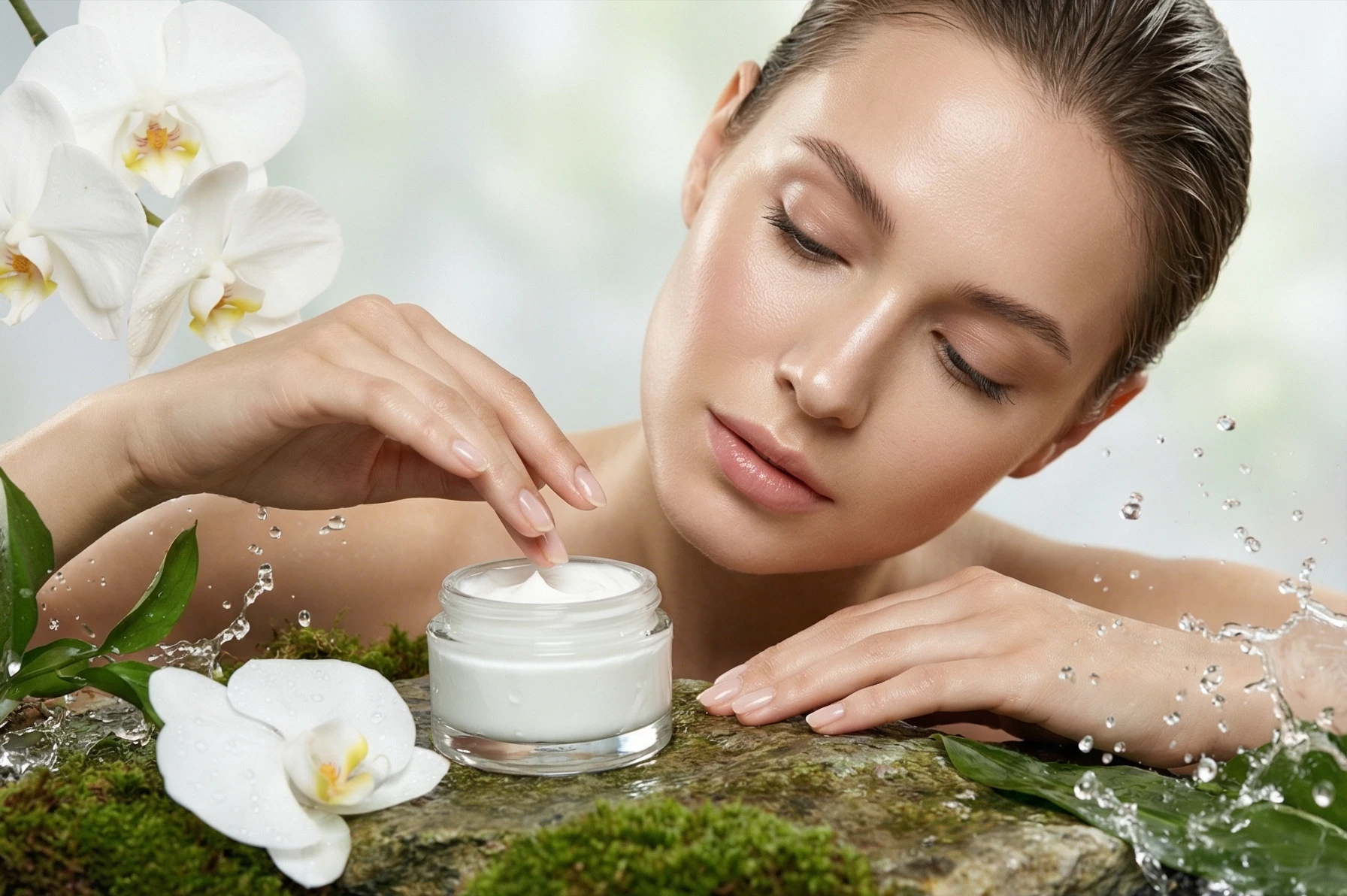 High-end beauty editorial photography. A graceful fashion model with flawless, dewy, glowing skin and gently pulled-back wet-look hair is sitting amidst the mossy, natural stone surface. Her elegant hand, with natural manicured nails, is gently dipping into the open clear glass jar of luxurious, rich white moisturizing cream. Dewy white orchid petals, green leaves, and splashing clear water droplets surround her and the product. Soft, natural diffused daylight illuminating her face and the creamy texture. Serene expression, eyes slightly closed in enjoyment. Organic, pure hydration concept. 8k details, shot on Hasselblad.