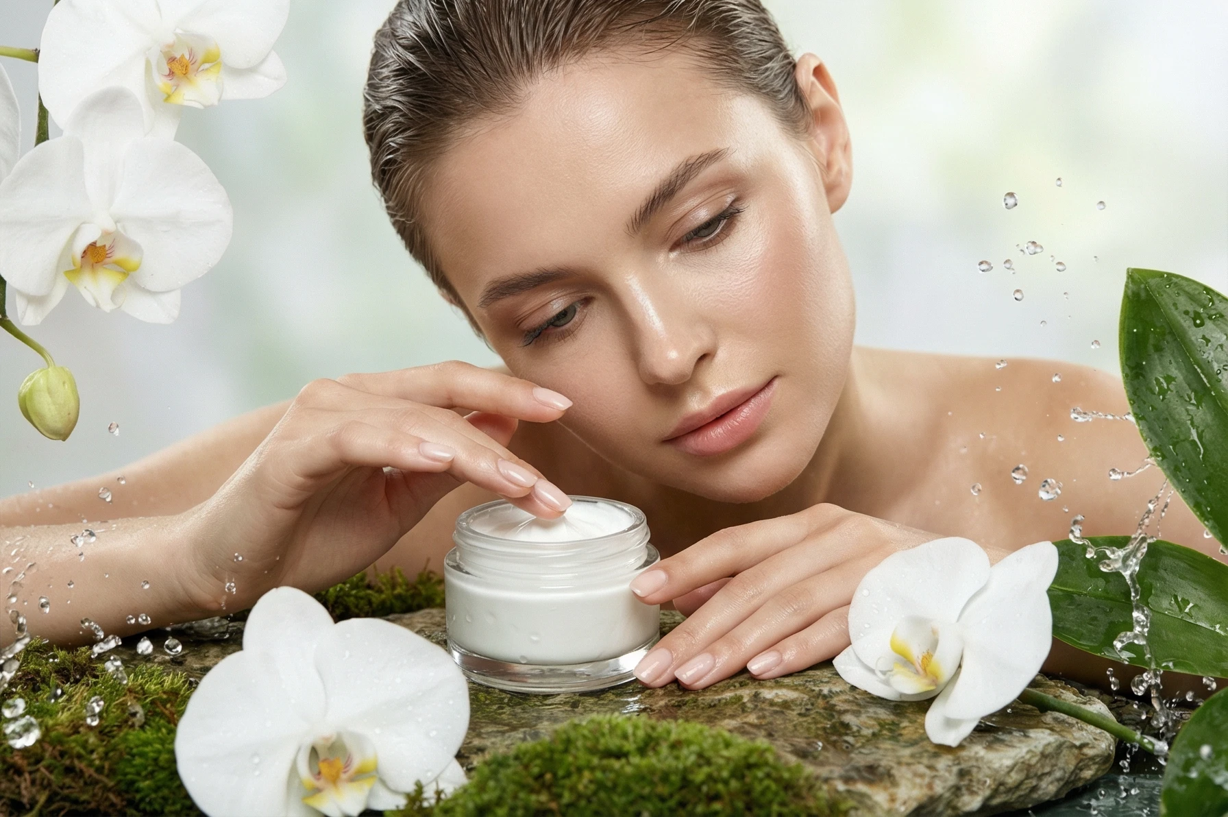 High-end beauty editorial photography. A graceful fashion model with flawless, dewy, glowing skin and gently pulled-back wet-look hair is sitting amidst the mossy, natural stone surface. Her elegant hand, with natural manicured nails, is gently dipping into the open clear glass jar of luxurious, rich white moisturizing cream. Dewy white orchid petals, green leaves, and splashing clear water droplets surround her and the product. Soft, natural diffused daylight illuminating her face and the creamy texture. Serene expression, eyes slightly closed in enjoyment. Organic, pure hydration concept. 8k details, shot on Hasselblad.