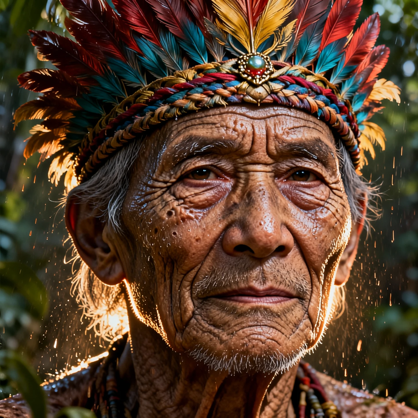 Hyper-realistic portrait of an elderly tribal elder with weathered, leathery skin deep in a rainforest. Every wrinkle and pore is visible. Raindrops sitting on the skin. Intricate colorful feather headdress. Rim lighting from the side highlighting the fine facial fuzz and floating dust particles. Intense gaze, cinematic lighting, shot on 70mm lens, IMAX quality.