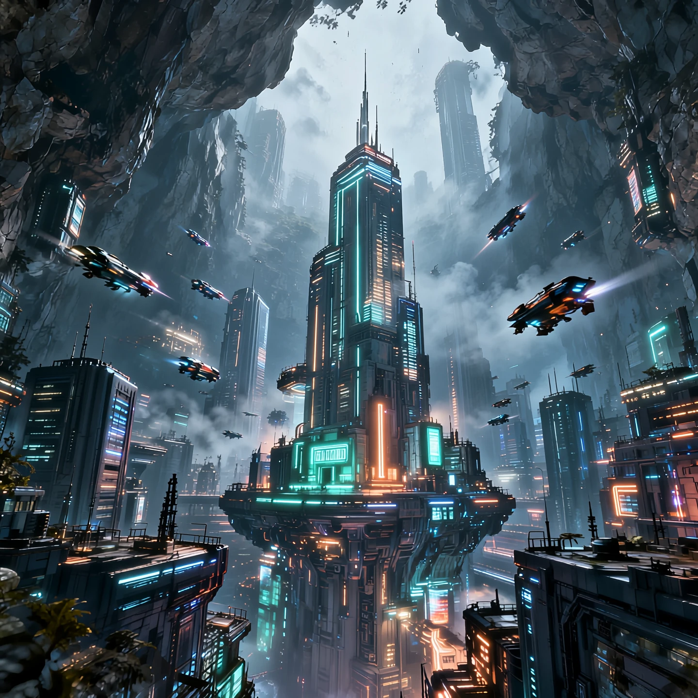 A futuristic cyberpunk megastructure city built vertically inside a massive cave system. Neon lights in teal and orange illuminating the fog. Hundreds of flying vehicles moving on different levels. Bottom-up view looking at the towering skyscrapers disappearing into the mist. Volumetric lighting, atmospheric perspective, high contrast, unreal engine 5 style, intricate details.